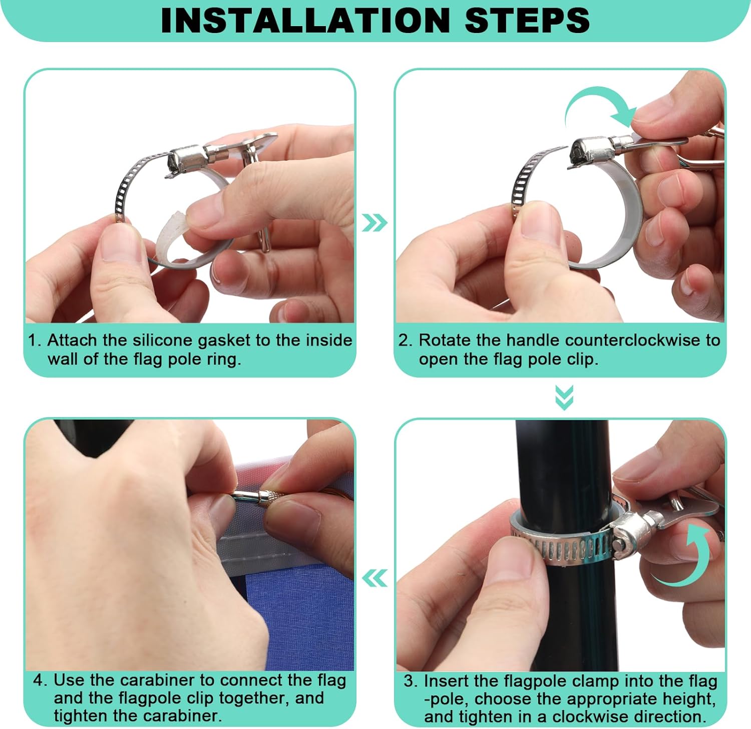 Paquete de 4 anillos para asta de bandera, clips de acero inoxidable mejorados, clips de bandera con mosquetón para asta de bandera de 0.7 a 1.2