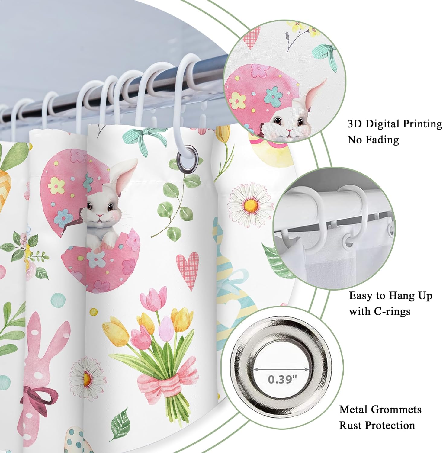 Riyidecor Cortina de ducha de conejo de Pascua para decoración de baño, 60 pulgadas de ancho x 72 pulgadas de alto, lindos huevos de conejo,