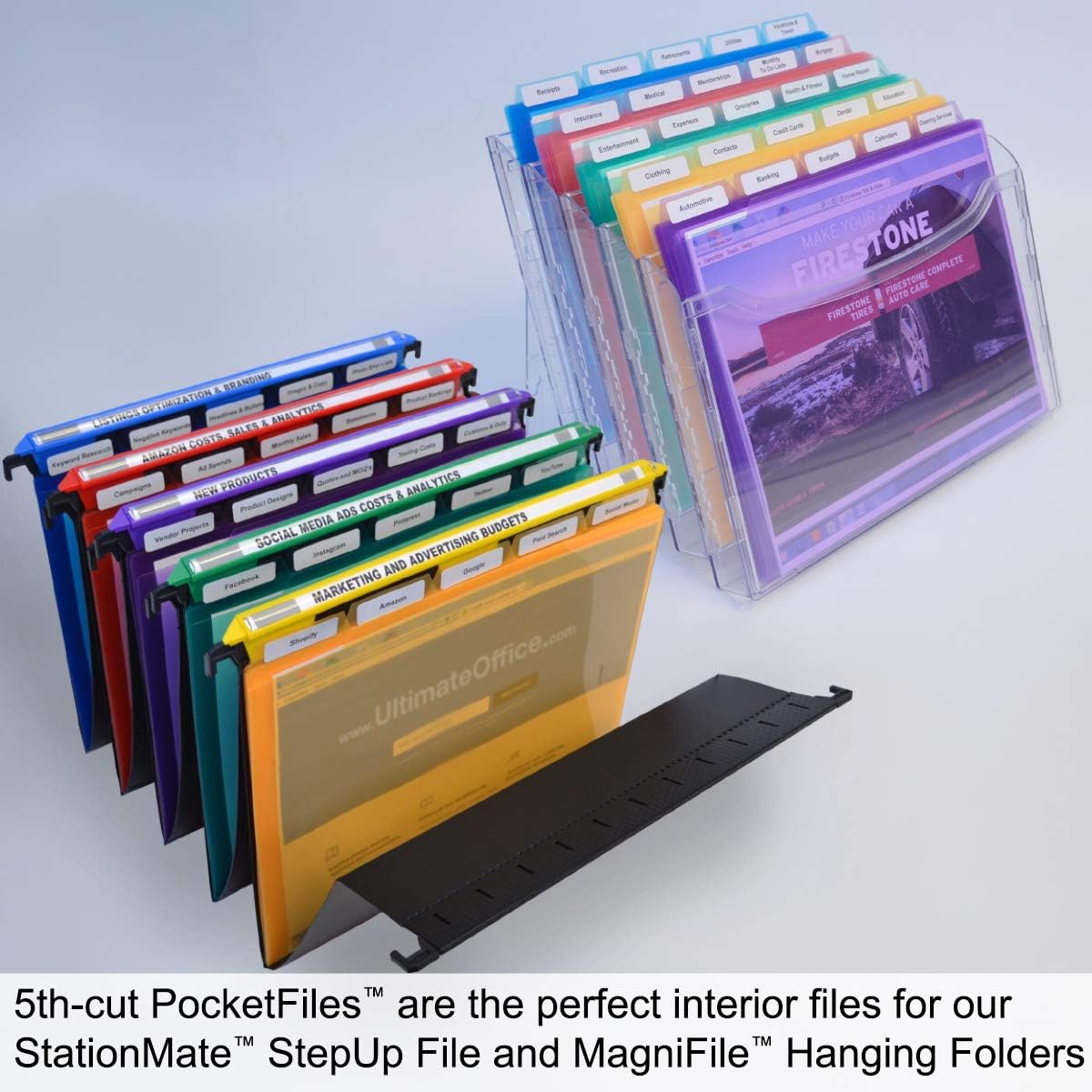 Ultimate Office PocketFile – Carpeta de documentos de polietileno transparente, 5to corte, tamaño carta, en 5 colores surtidos, juego de 100