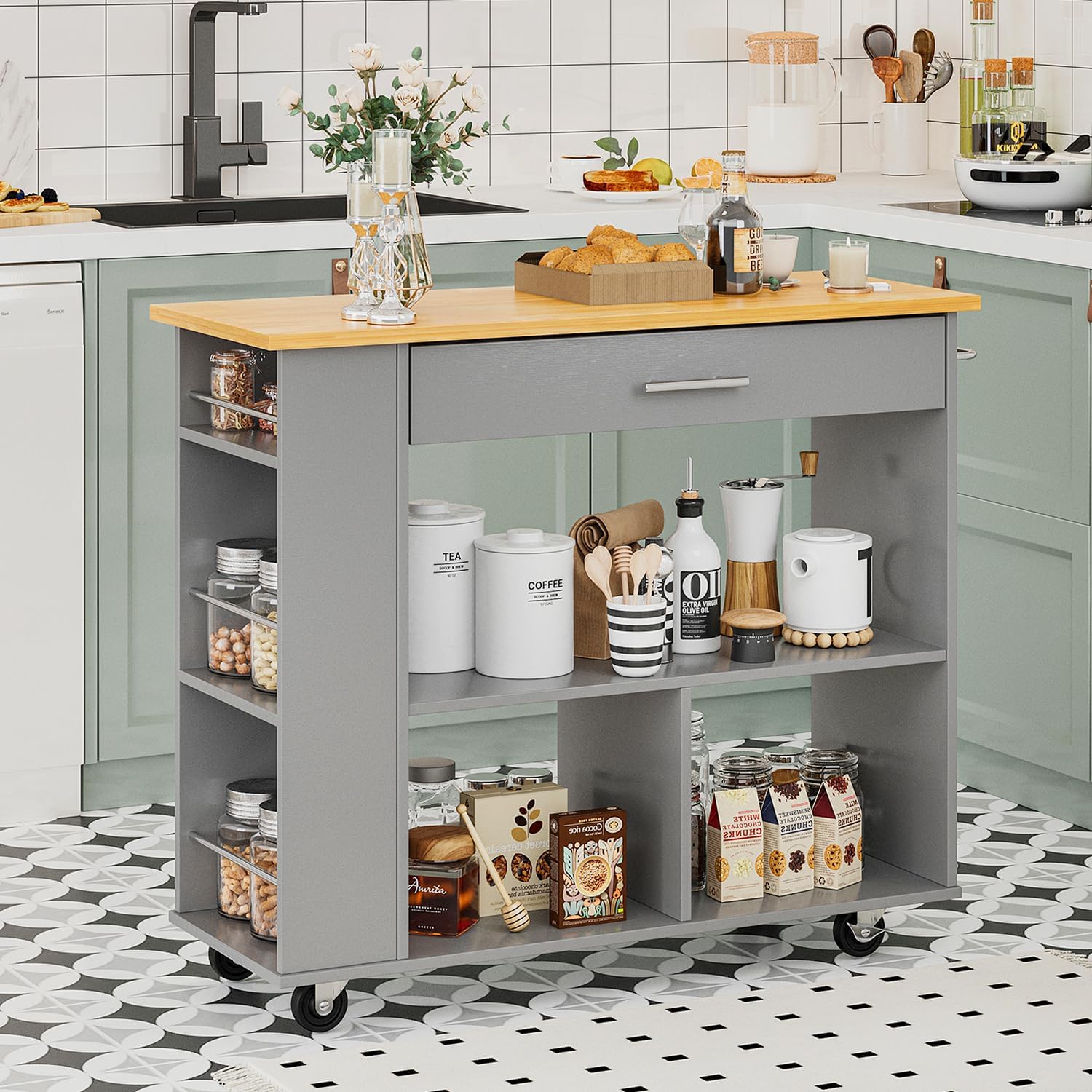 SUNLEI Isla de cocina con ruedas con armario de almacenamiento, carrito organizador de almacenamiento de cocina con estante de especias de 3 lados,