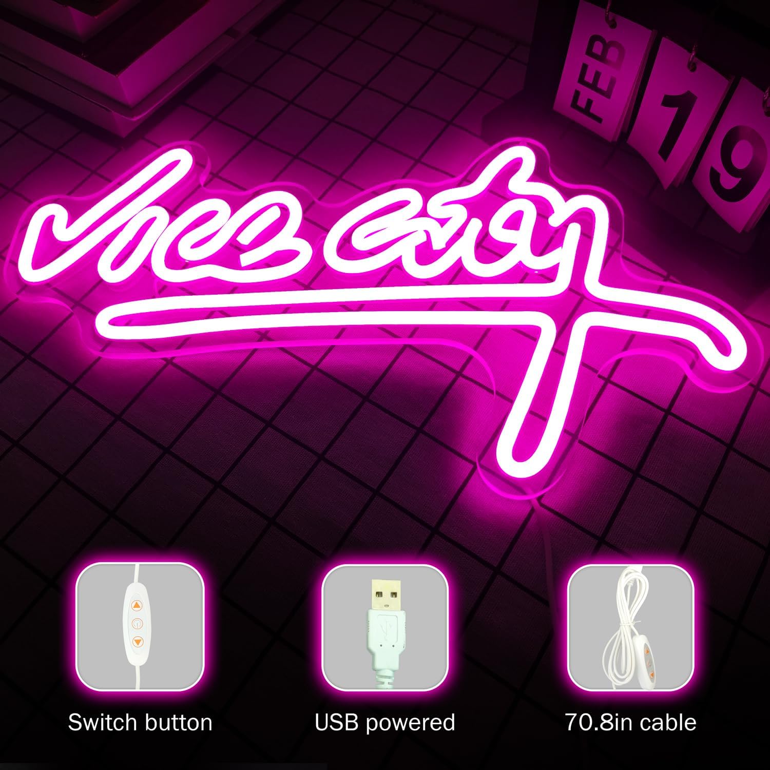 Letrero de neón de Vice City para pared, letreros de luz rosa para sala de juegos, dormitorio, bar, fiesta, decoración de pared, letras de neón para