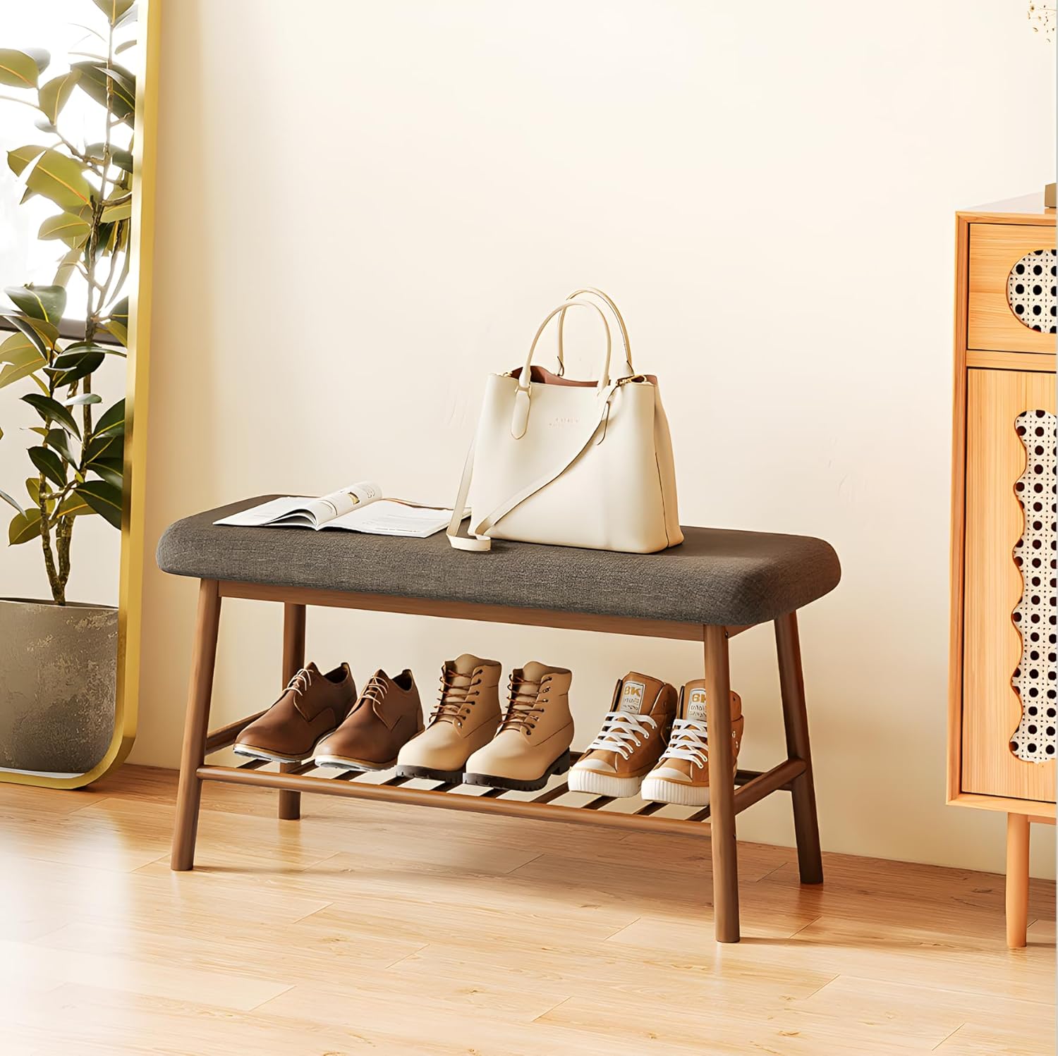 Bamworld Banco de zapatos para entrada, banco de bambú de 2 niveles con bancos de almacenamiento de cojines para dormitorio, sala de estar, interior