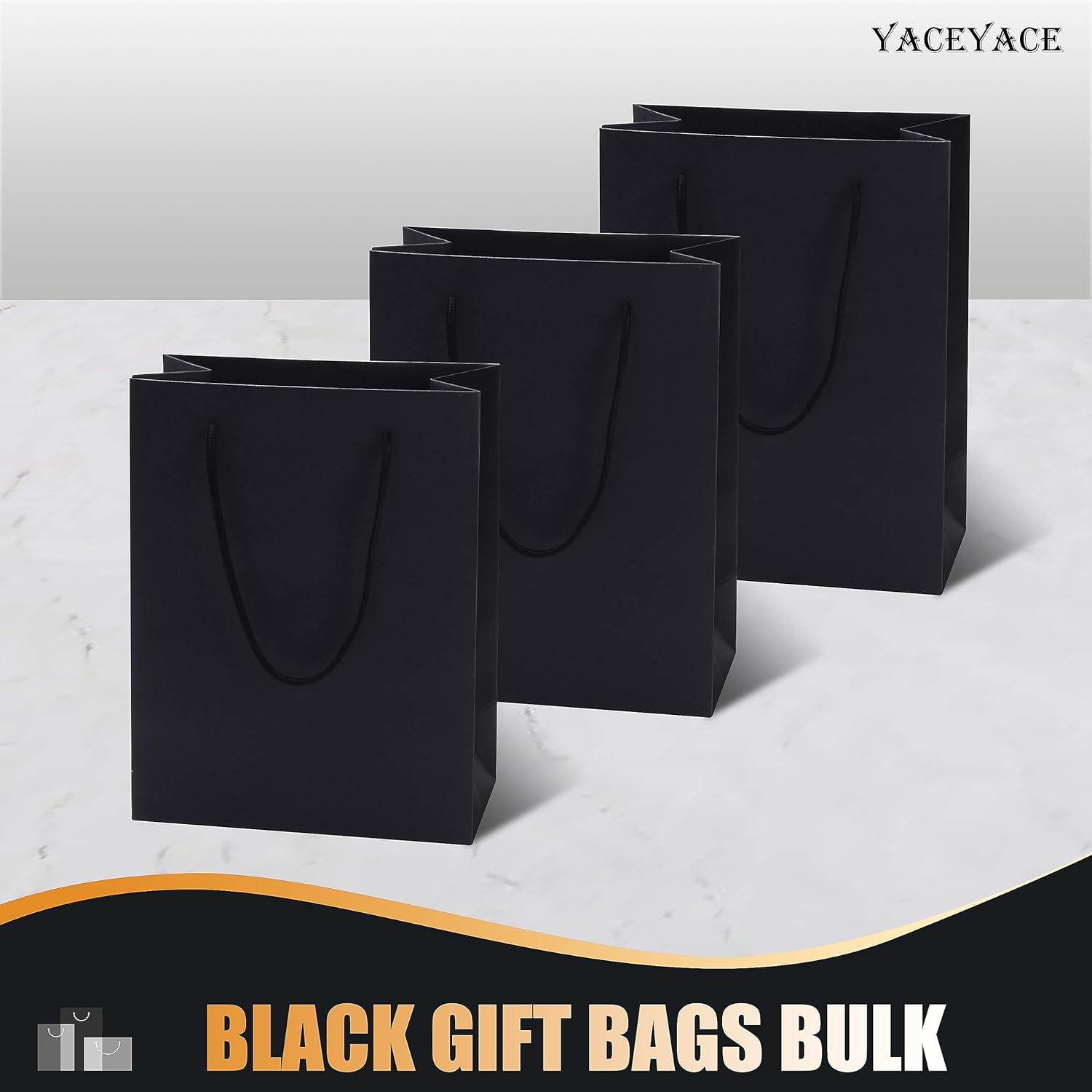YACEYACE Bolsas de regalo negras de tamaño mediano, 10 unidades de 8 x 4.25 x 10 pulgadas, bolsas de regalo negras medianas con asas de cinta,