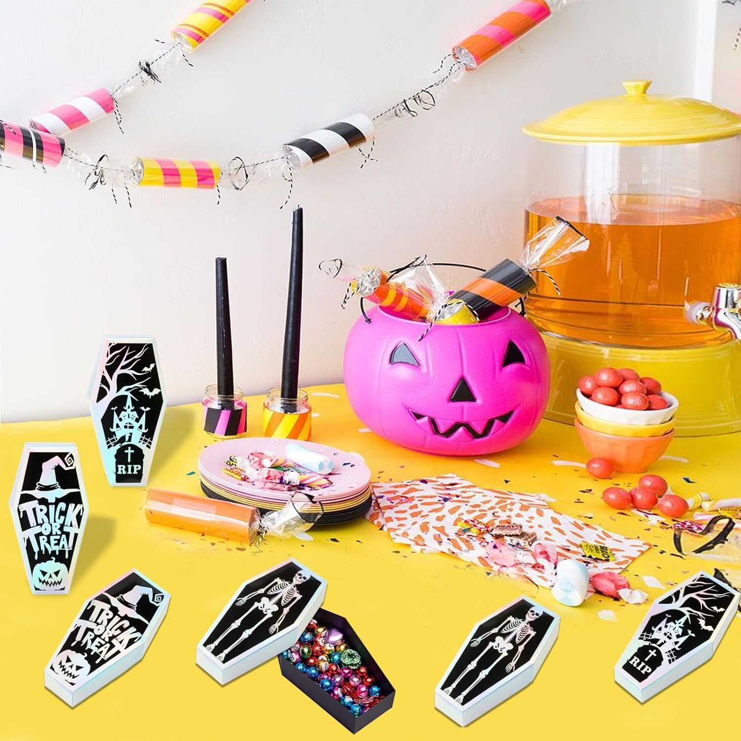 Kreatwow 12 cajas de regalo de ataúd de Halloween para Halloween, lápida láser azul, cajas de regalo de bricolaje, cráneo, araña, truco o trato,