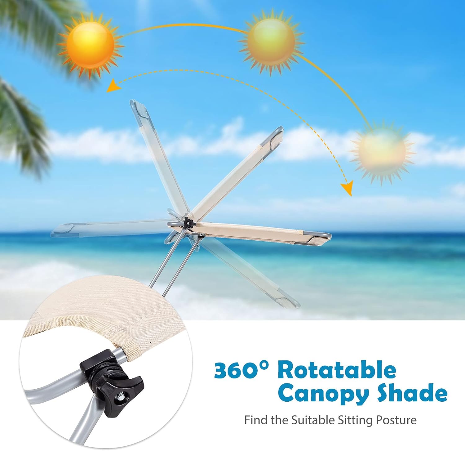 S AFSTAR Juego de 2 sillas plegables para exteriores, sillas de playa con toldo de 360, respaldo de 5 posiciones y reposapiés de 2 posiciones,
