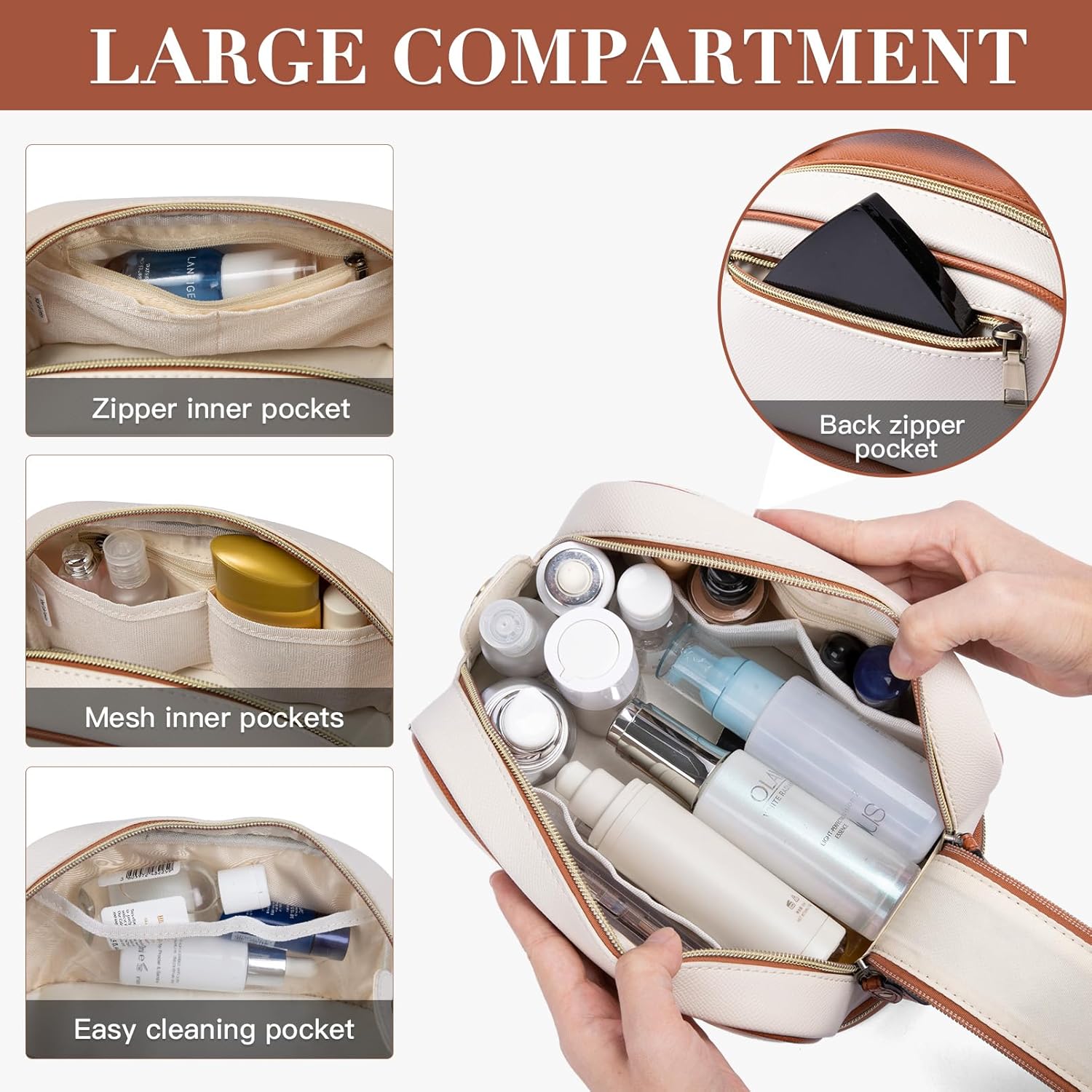 Telena Neceser de viaje para maquillaje, bolsas de cosméticos para mujeres, impermeable, de piel sintética, organizador portátil de gran capacidad,