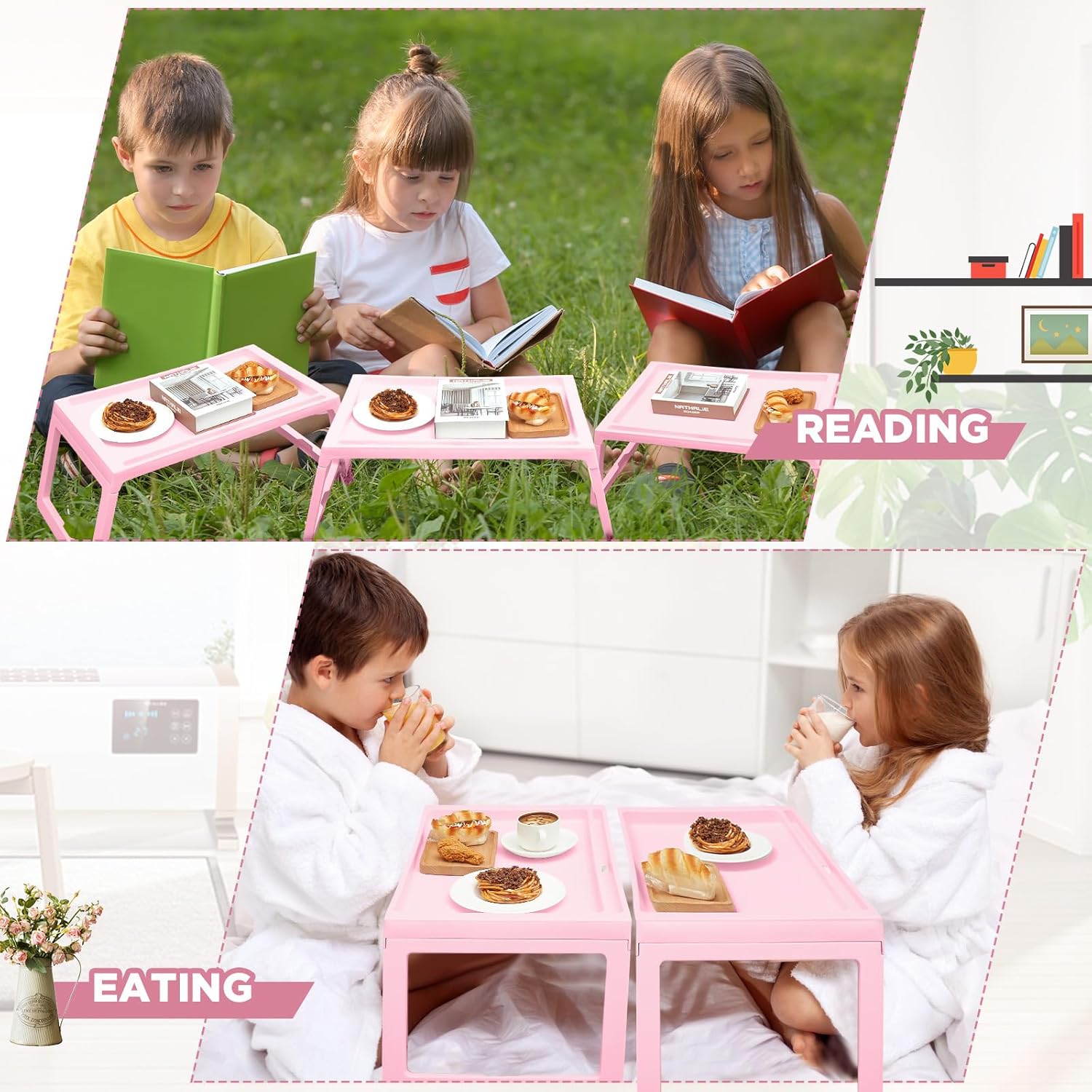 Paquete de 4 bandejas plegables para desayuno en la cama, bandejas de plástico para regazo, patas plegables con asas, bandejas de alimentos para