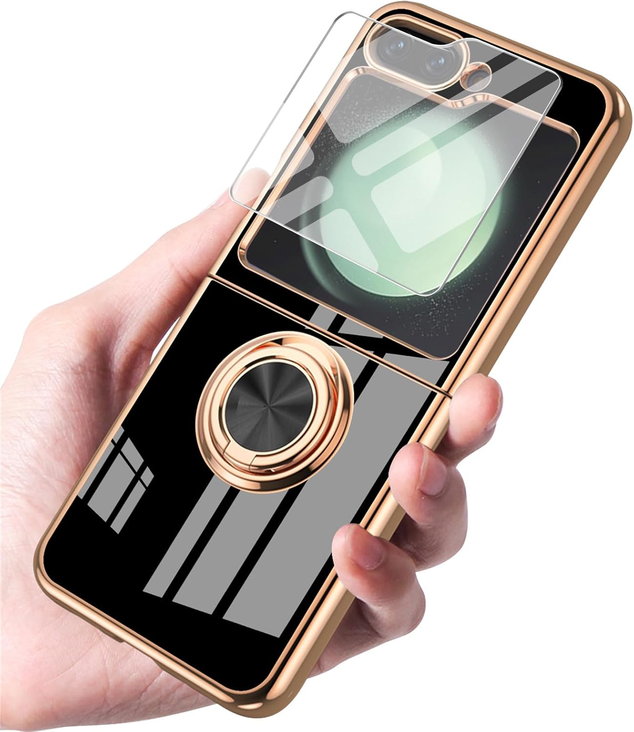 Funda compatible con Samsung Galaxy Z Flip 5 con 1 protector de pantalla frontal, soporte de anillo de rotación de 360 integrado, soporte magnético,