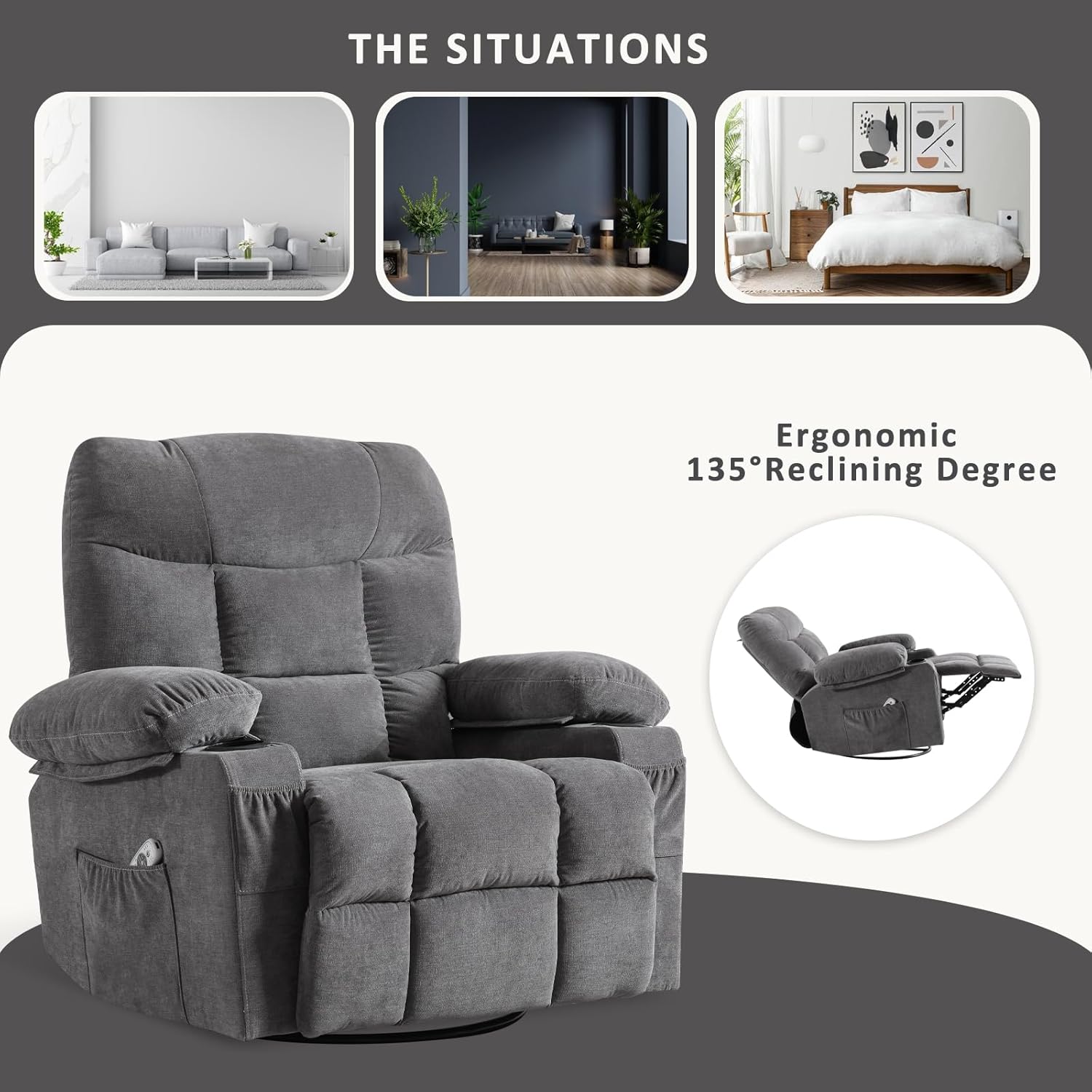 Rocker – Silla reclinable giratoria con masaje por vibración para sala de estar con función de balanceo y bolsillo lateral, 2 portavasos, puerto de