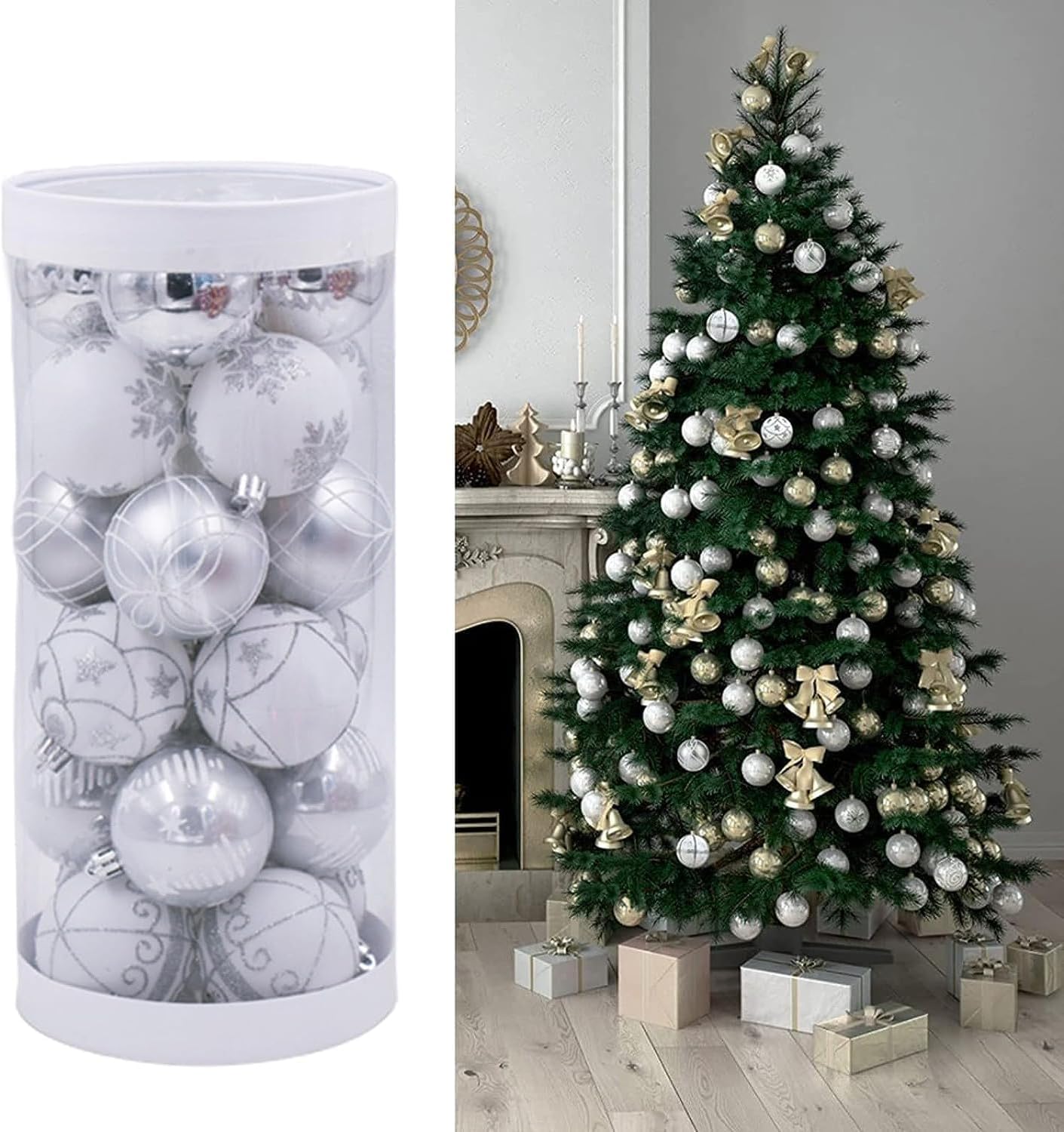 Adornos – Juego de 24 bolas de Navidad de 2.362 in2.36 pulgadas para árbol de Navidad, inastillables, de plástico, pintado, decoración de árbol de