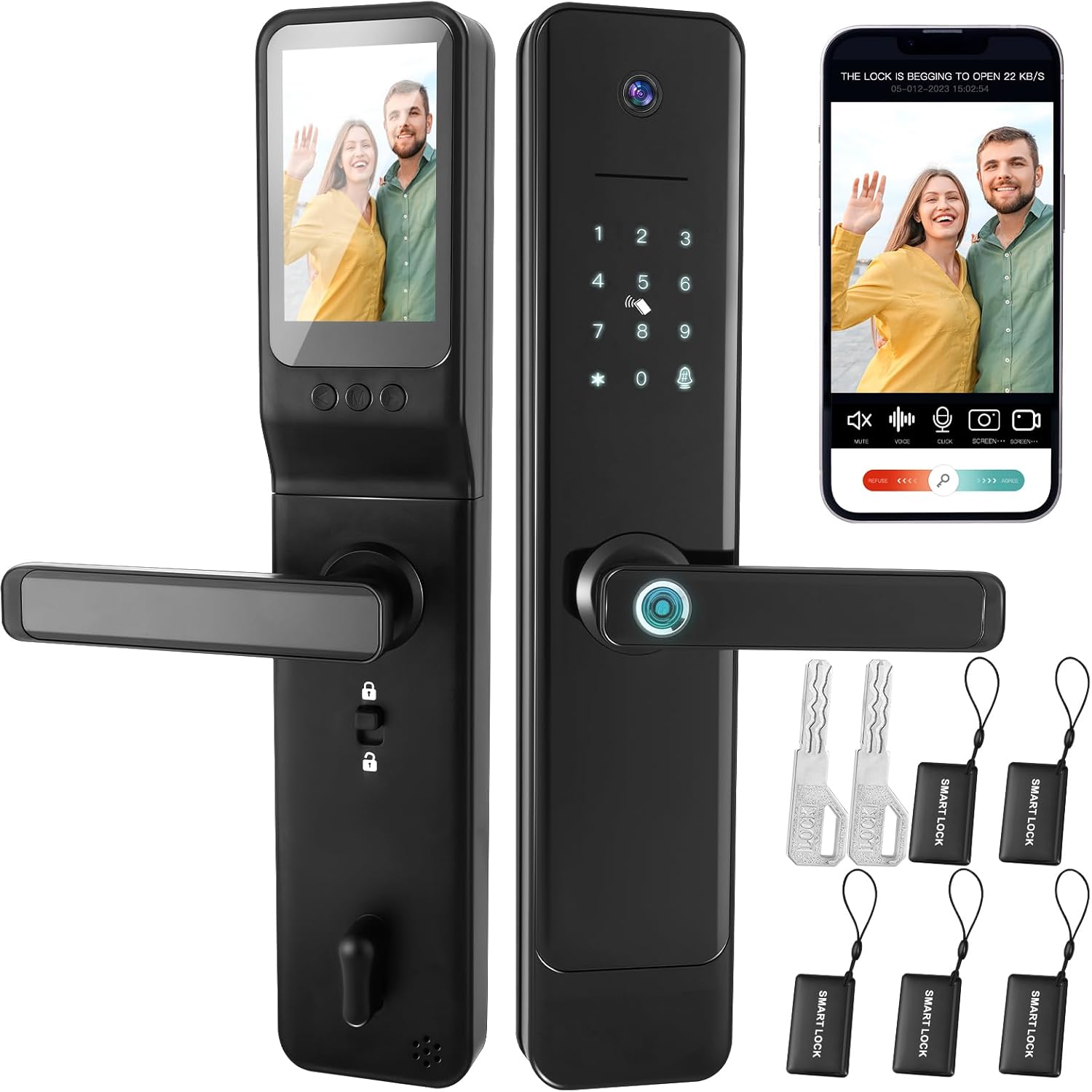 Copkim Cerradura de puerta inteligente 4 en 1 con cámara de video y monitor, manija de puerta, cámara Wi-Fi, timbre, videollamada, bloqueo de