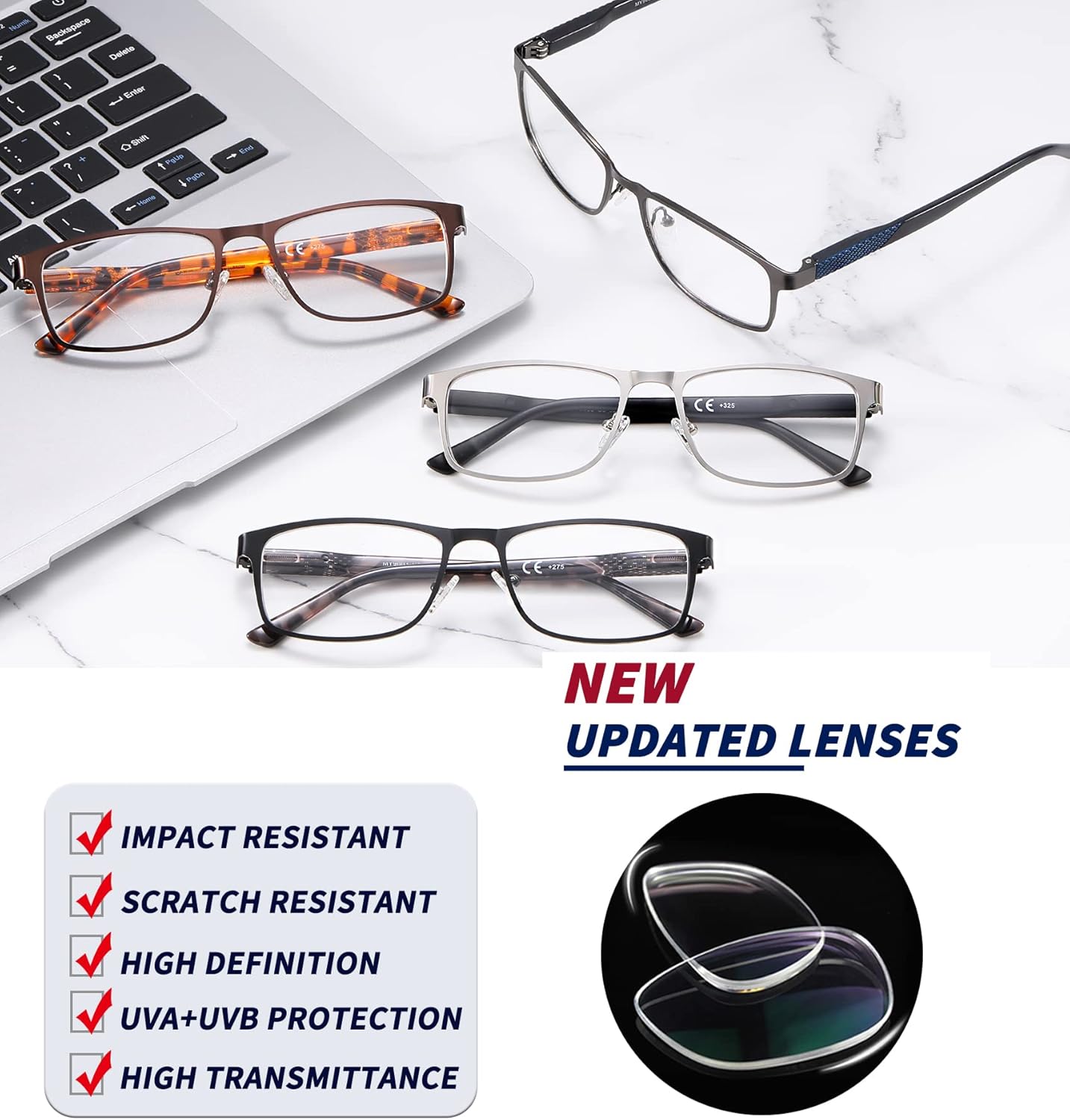 JJWELL Paquete de 4 lentes de lectura para hombres, bloqueo de luz azul, lectores de marco completo de metal para hombres, antifatiga ocular,