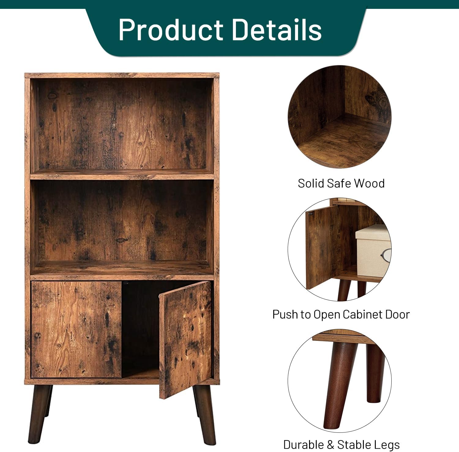 Wonder Comfort Estantería de madera de 3 niveles con 1 puerta y 2 estantes abiertos, estantería marrón rústico de mediados de siglo para libros y