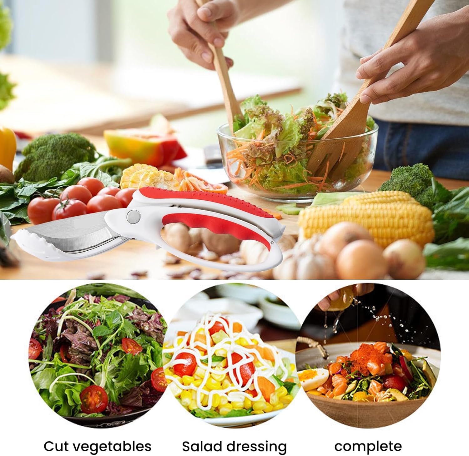 NASHARIA Tijeras de ensalada Tijeras de hierbas Picador de ensalada de cocina resistente Tijeras de ensalada de cocina Multifuncional de doble hoja