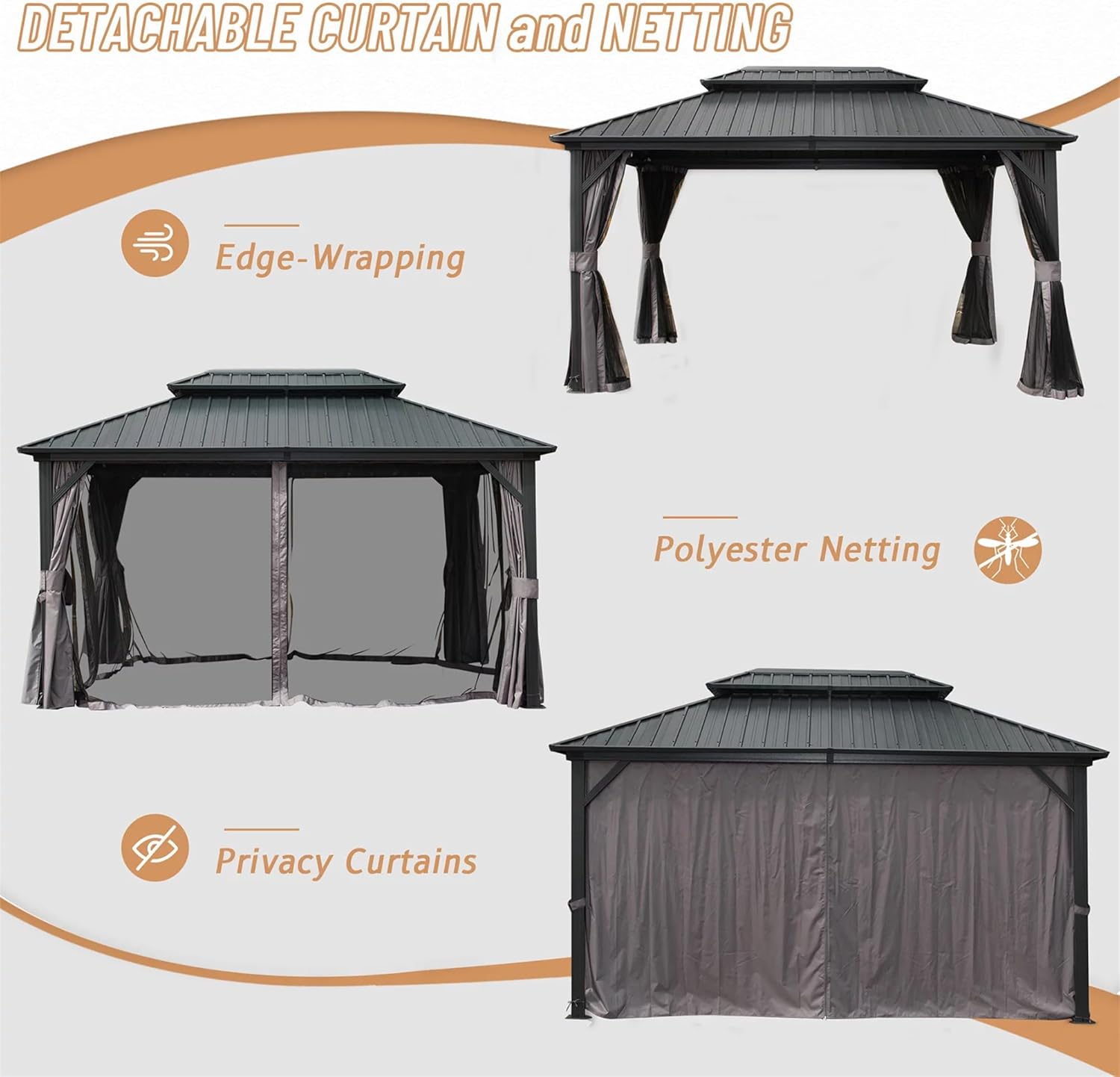 Gazebo de aluminio para exteriores con techo rígido con doble toldo de acero galvanizado para patios, terraza, patio trasero, césped y jardín,