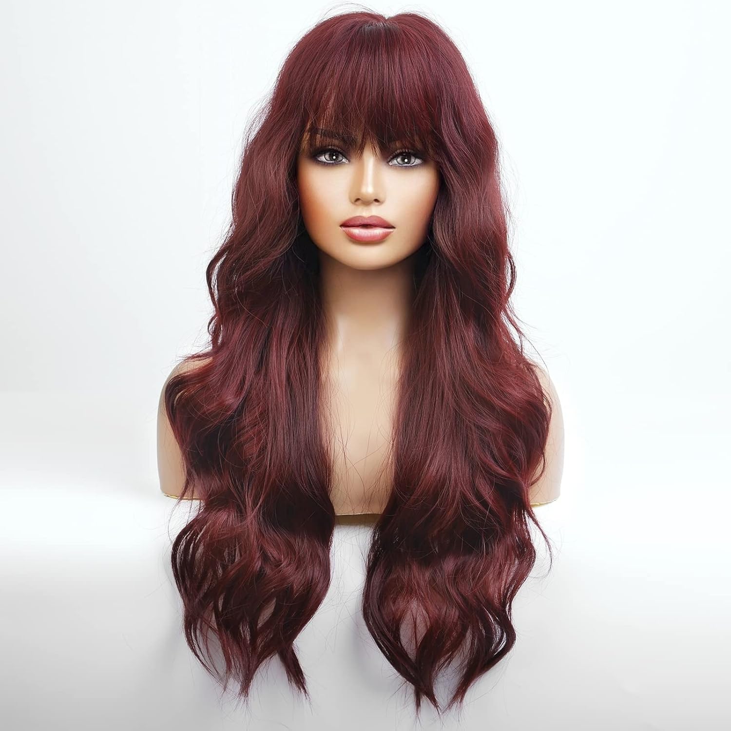 HAIRCBE – Peluca larga roja con flequillo, pelucas rizadas burdeos para mujer, peluca sintética resistente al calor, para uso diario