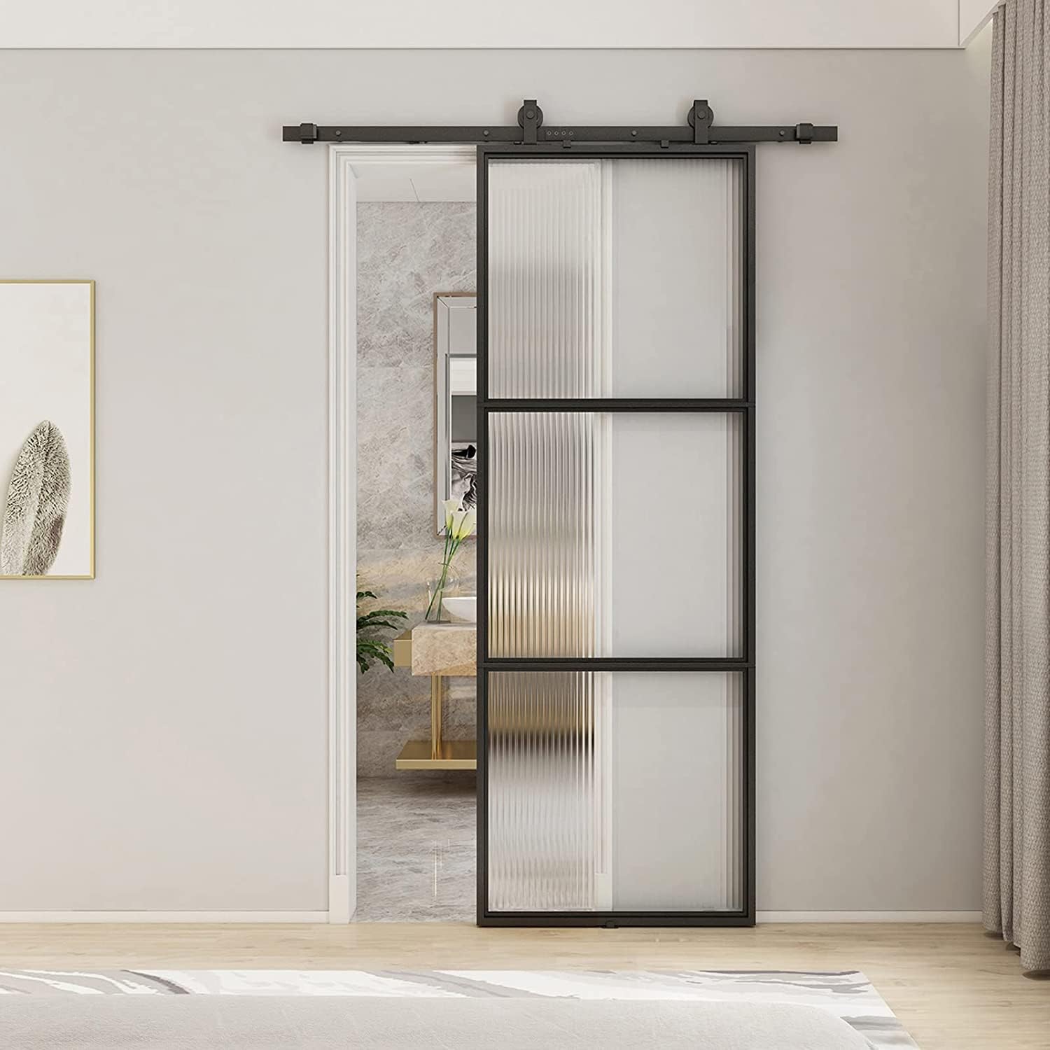 JUBEST Puerta de granero de vidrio de 30 x 84 pulgadas, marco de acero al carbono preperforado, panel de puerta corrediza de granero con kit de