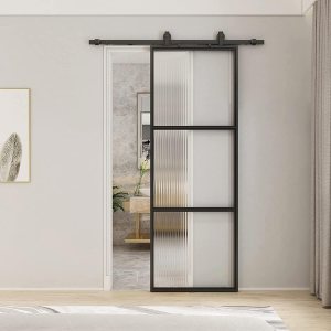 JUBEST Puerta de granero de vidrio de 30 x 84 pulgadas, marco de acero al carbono preperforado, panel de puerta corrediza de granero con kit de JUBEST Puerta de granero de vidrio de 30 x 84 pulgadas, marco de acero al carbono preperforado, panel de puerta corrediza de granero con kit de