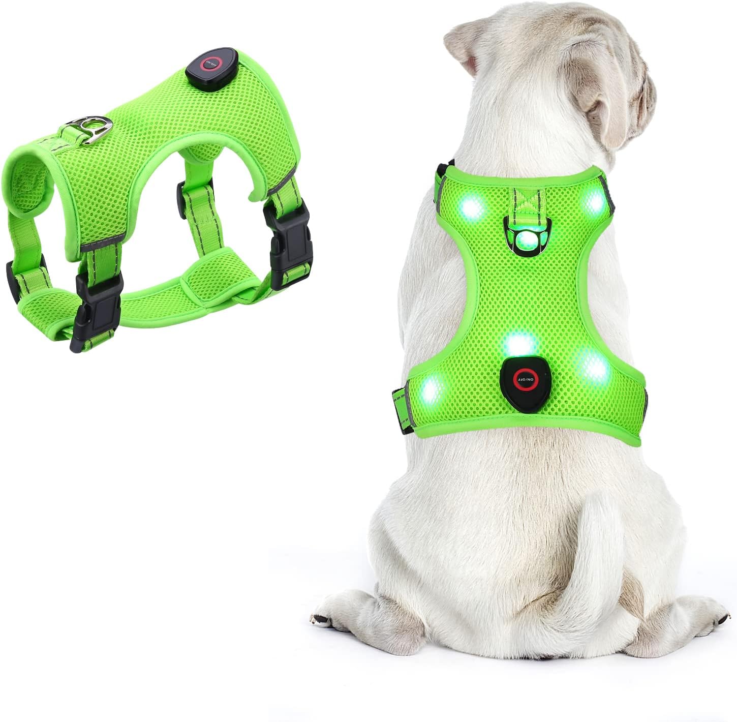 AMIR – Arnés LED para perro, pequeño, sin tirones, sin estrangulamiento, recargable por USB, 3 modos de iluminación, ajustable, transpirable, malla