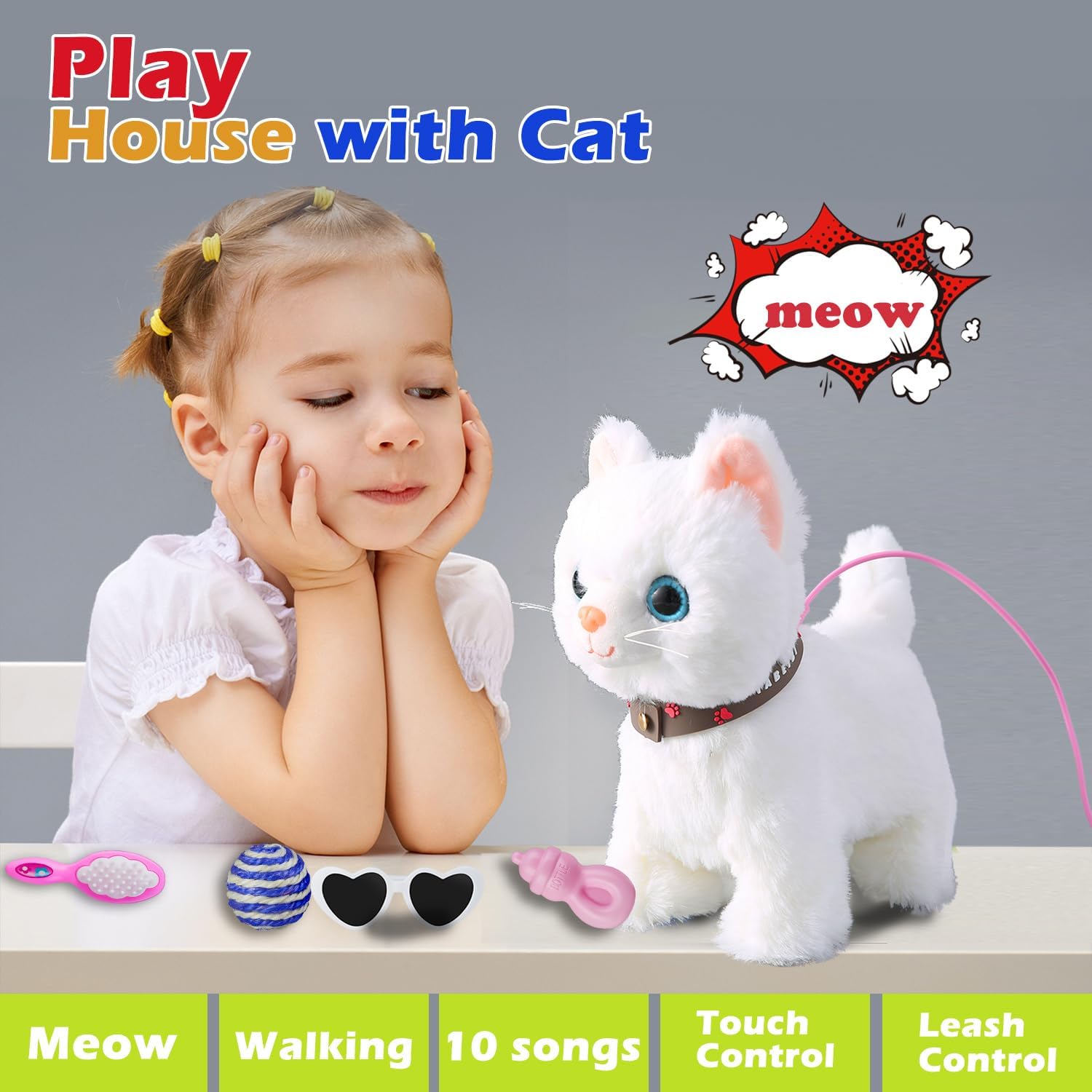 Juego de gato que camina con correa blanca cantando que ronronea y maulla, robot de peluche animado, gatito, mascota en movimiento, realista, animal