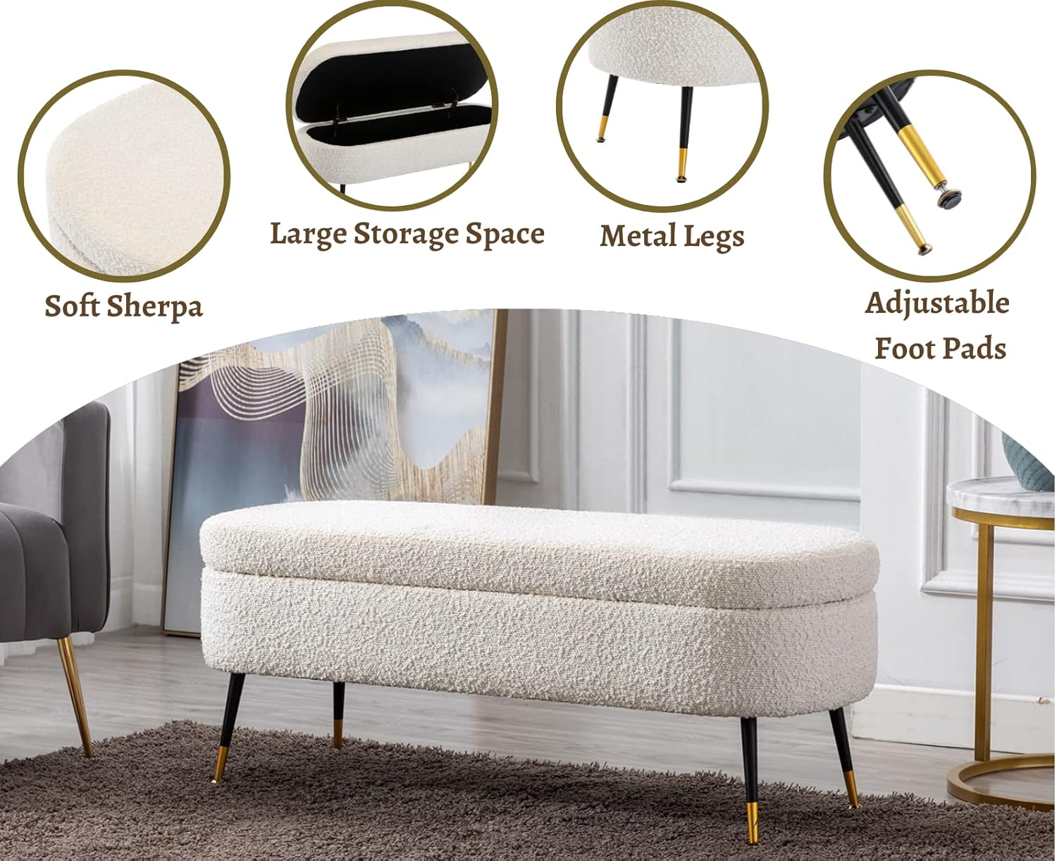 EALSON Banco de almacenamiento moderno para dormitorio, extremo de cama, banco otomano de lana de cordero con patas de metal, banco tapizado para