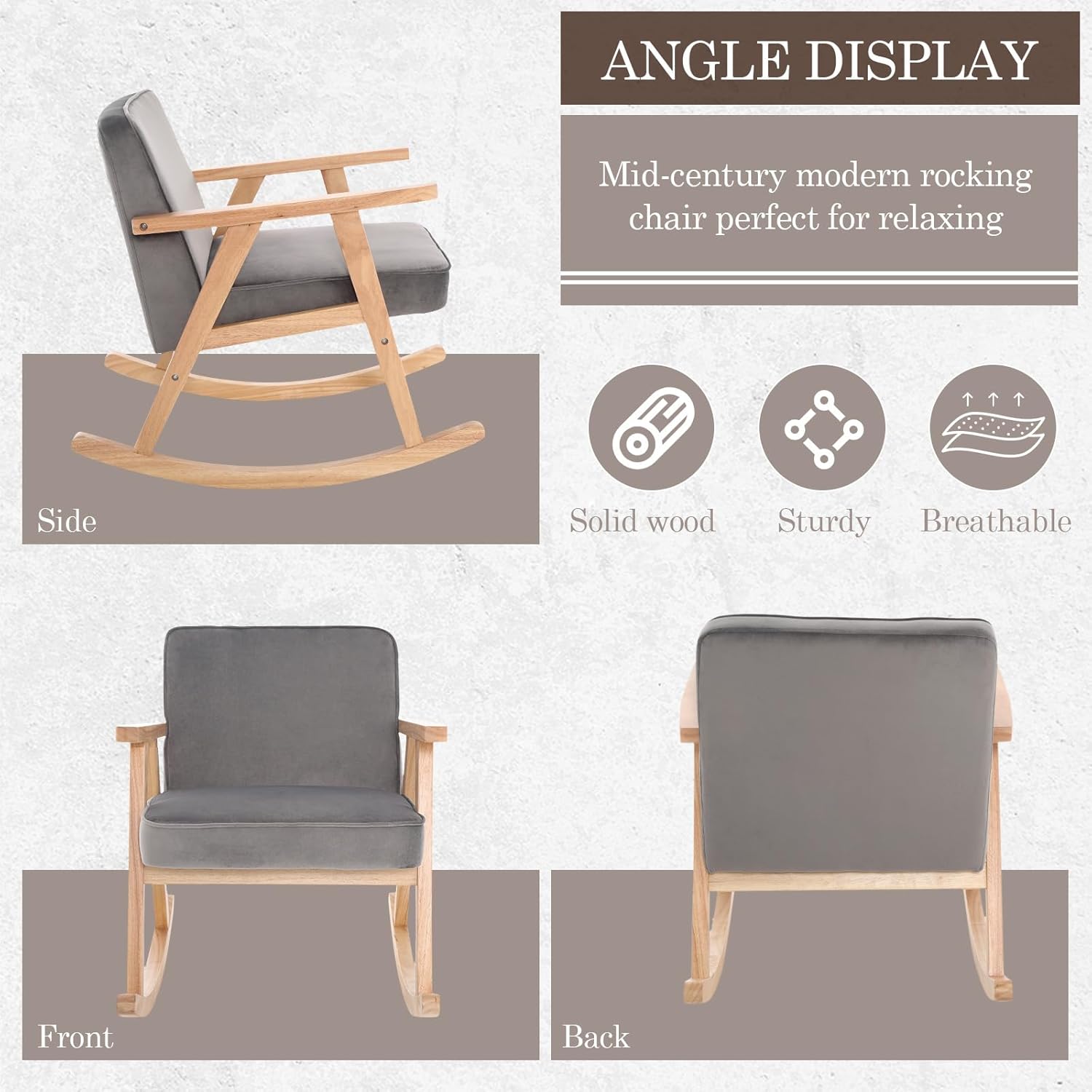 JEEOHEY Mecedora de terciopelo moderno de mediados de siglo, cómoda silla tapizada con brazo deslizante con madera maciza para sala de estar,