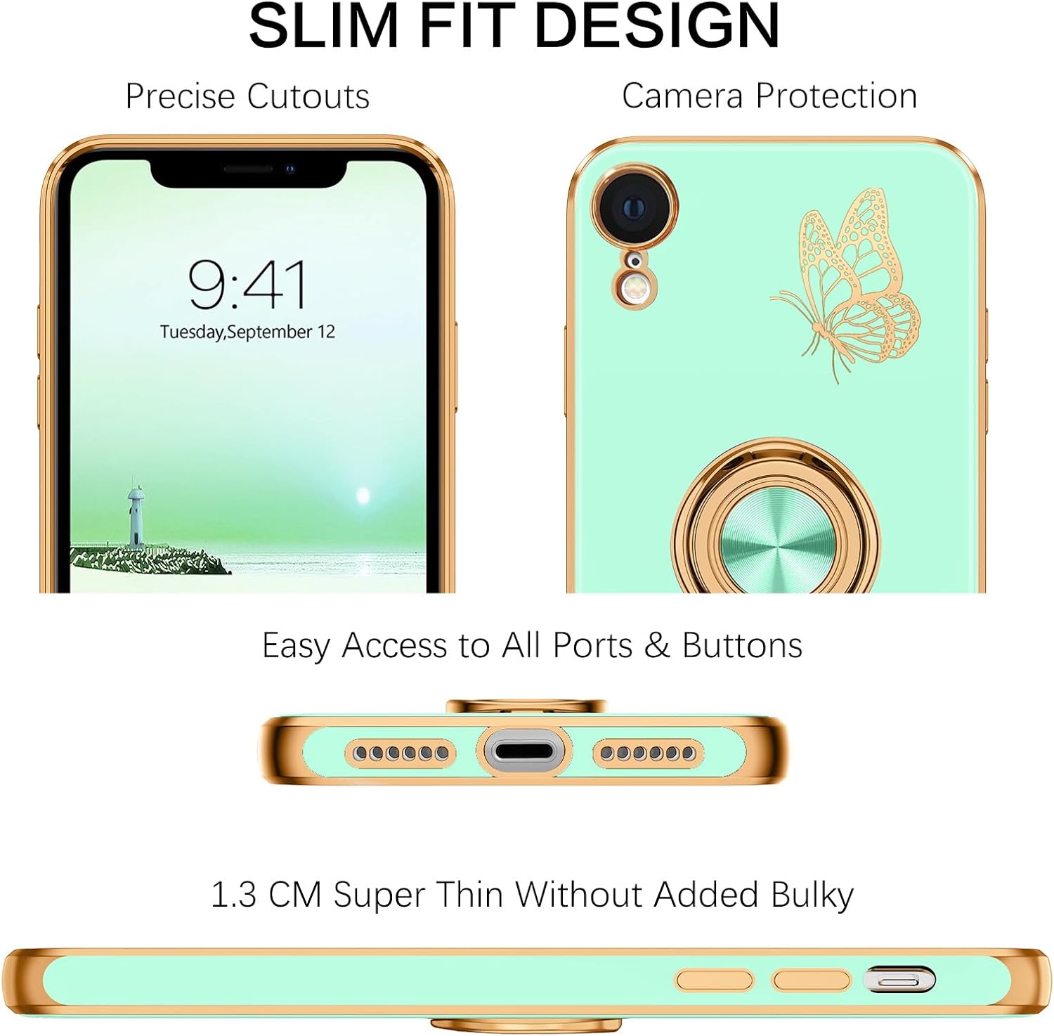 BENTOBEN Funda para iPhone XR, funda para teléfono iPhone XR 6.1, ajuste delgado, diseño de mariposa dorada, soporte de anillo de soporte de anillo