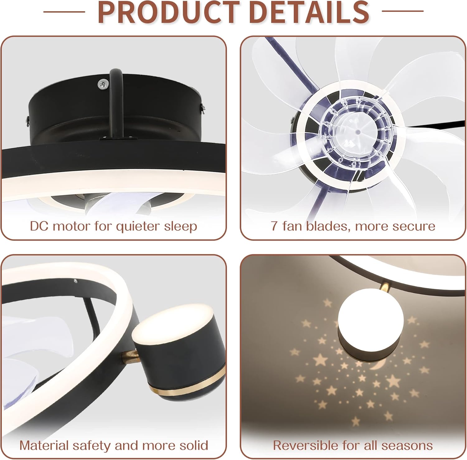 CNCMtiger Ventiladores de techo modernos con luces, ventilador de techo de montaje empotrado de 20 pulgadas con luces y control remoto, ventilador