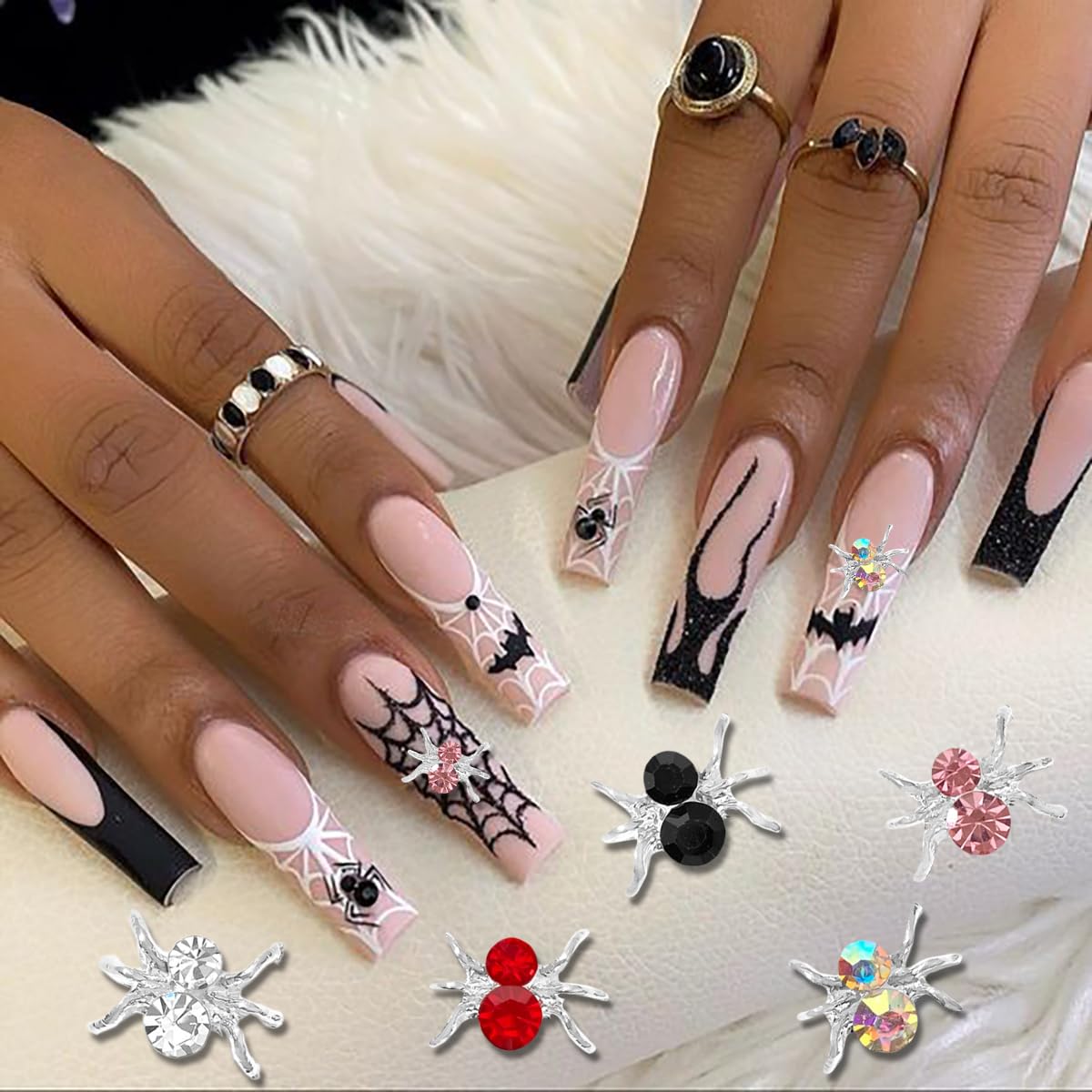 36 dijes de uñas de Halloween de aleación, dijes de araña, dorados, plateados, rojos, negros, arañas, joyas brillantes y coloridas, diseño de