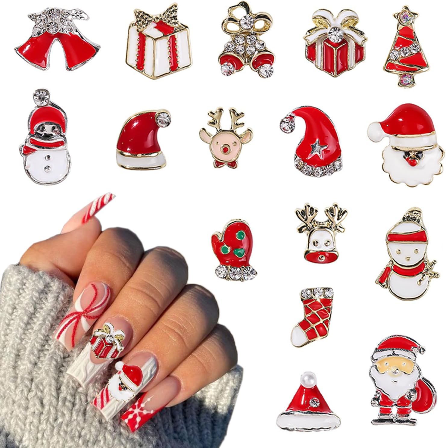 Dijes de uñas de Navidad 3D muñeco de nieve, campana, Papá Noel, diamantes de imitación brillantes para árbol de Navidad, guantes de árbol de