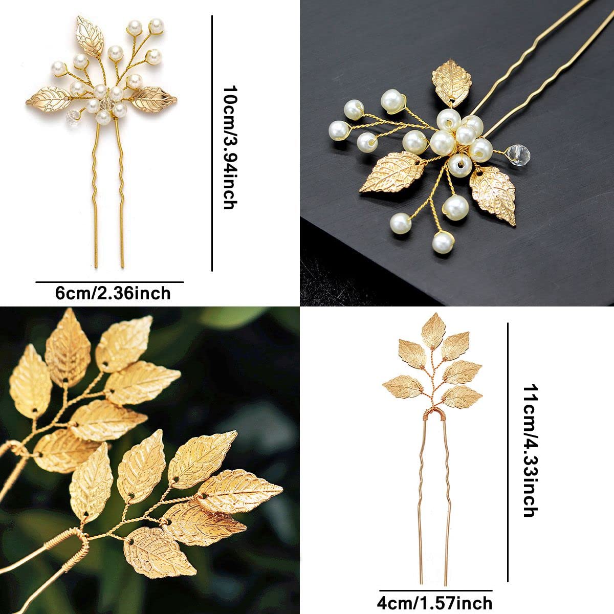 6 horquillas para el pelo de boda para novia, hoja dorada, perlas de cristal, pinzas para el cabello, accesorios vintage para el cabello, joyería