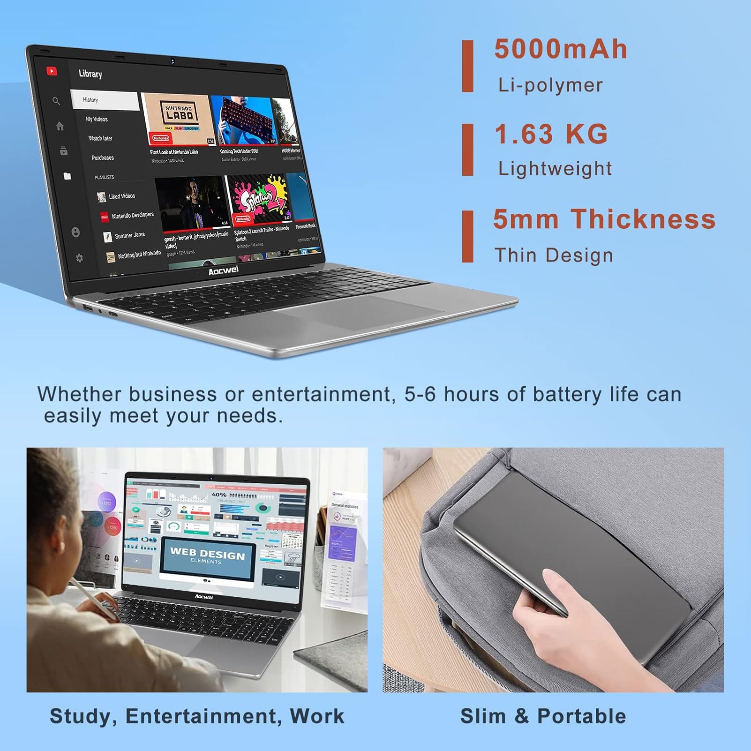 Laptop de 15.6″ 6GB DDR4 128GB SSD J4105 (hasta 2.5Ghz) 4-Core Win 10 PC 1920×1080 FHD Dual WiFi BT 4.2 Soporte 1TB SSD Expandir con mouse
