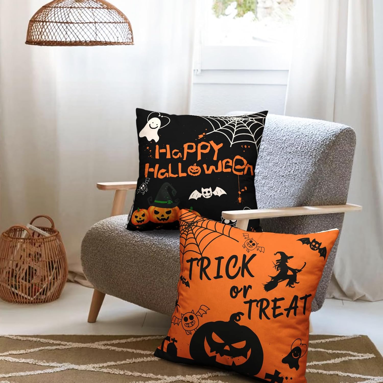 Fundas de almohada de Halloween de 16 x 16 pulgadas, protector de almohada de calabaza aterradora, murciélagos negros, bruja, juego de 2 fundas de