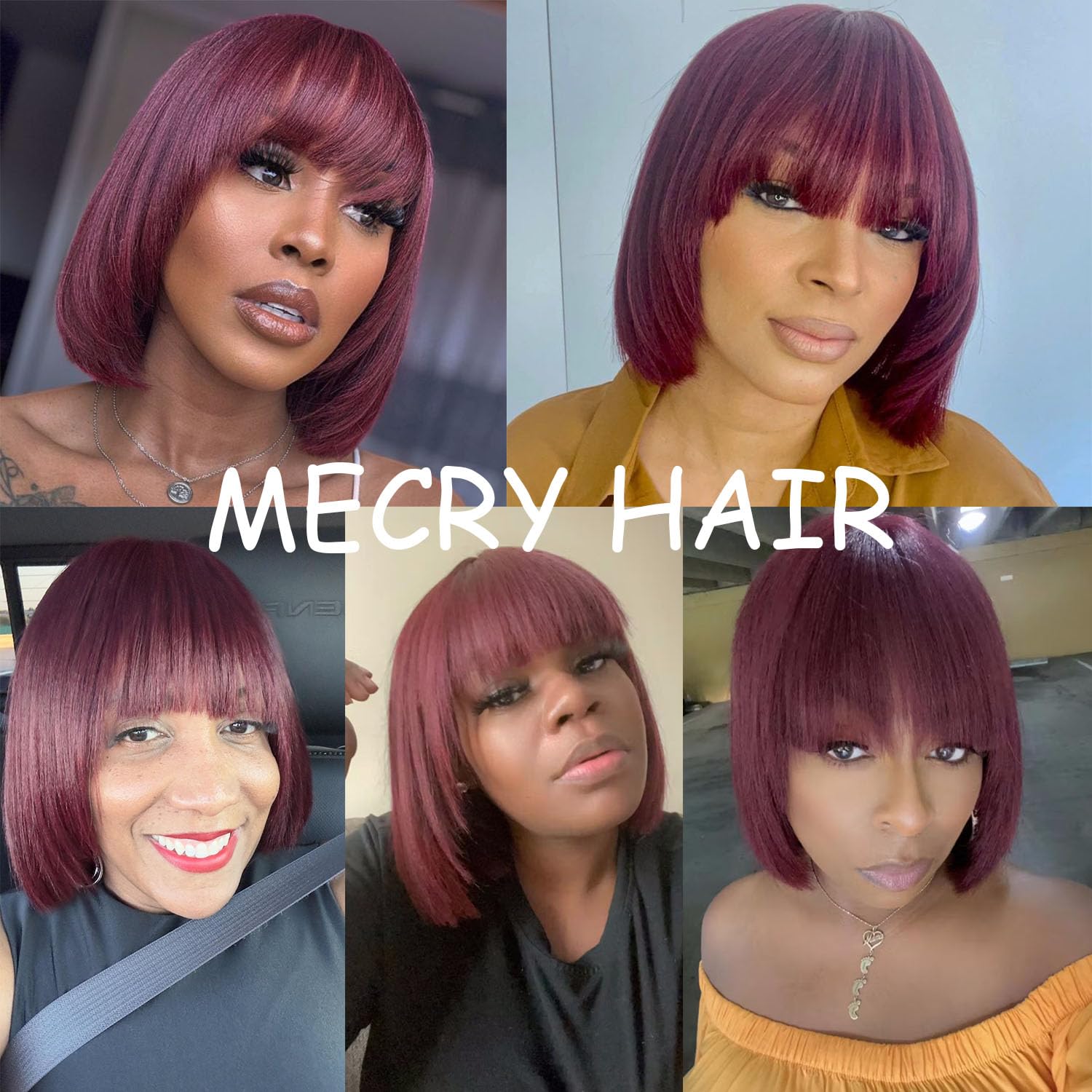 Mecry Yaki – Peluca de cabello humano lacio con flequillo, color borgoña #99J, densidad del 180%, sin pegamento, con flequillo, para mujeres, hecha
