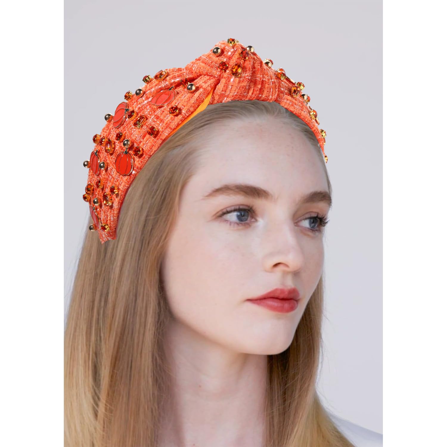 JERTOCLE Diadema de Acción de Gracias, diadema de otoño para mujer, diadema esmaltada de calabaza con cristales anudados, diadema de tweed con nudo