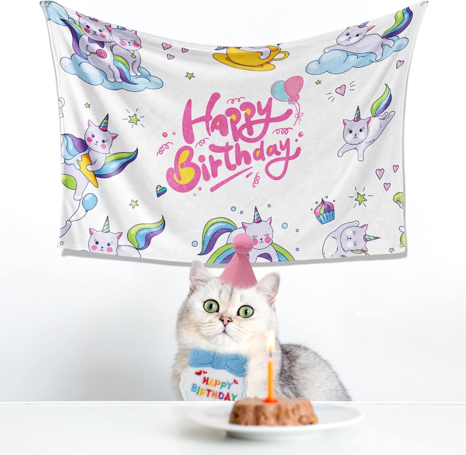 ManRule Suministros para fiesta de cumpleaños de gato, sombrero de gato, bandana de gato, telón de fondo de cumpleaños de gato decoraciones de