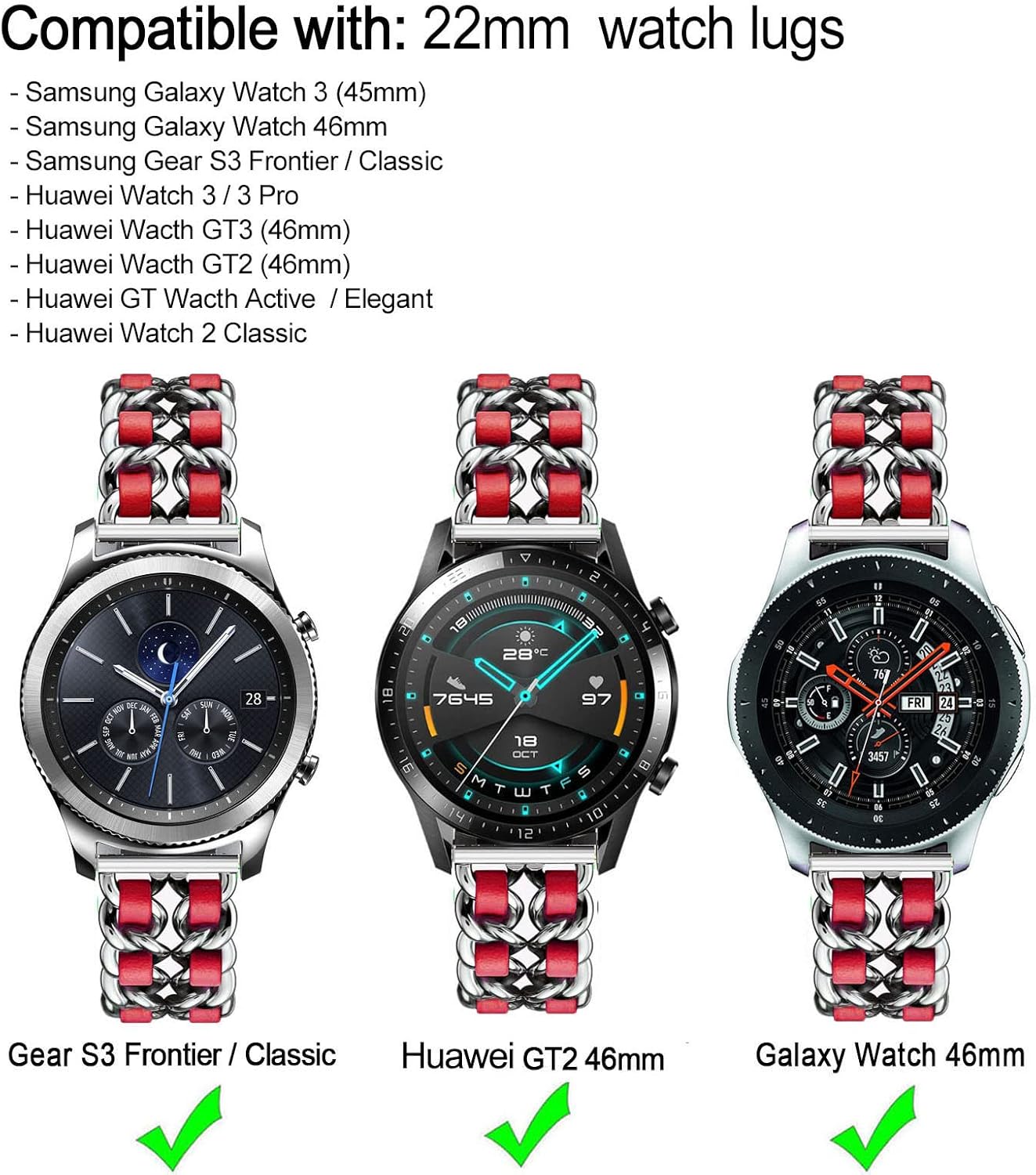 Correas compatibles con Galaxy Watch de 1.811in, correa de cadena de metal de acero inoxidable de 0.866in, repuesto para Samsung Gear S3