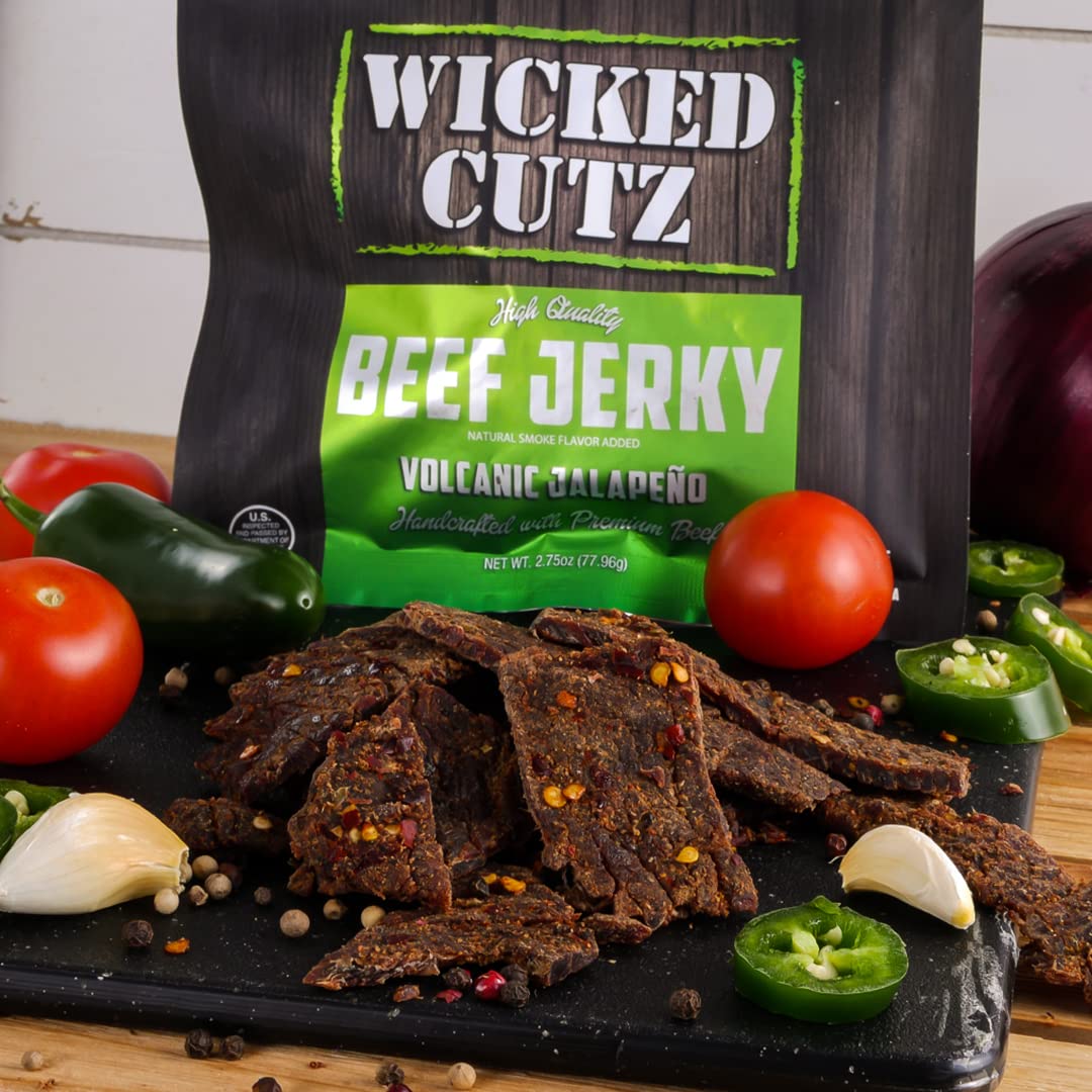 Carne seca picante de jalapeño volcánica  Tierna, sabrosa, fácil de masticar, cecina premium con 0.77 oz de proteína por bolsa, aperitivos altos en