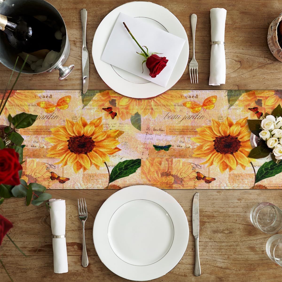 Table Runner Rustic Floral Sunflowers, Autumn Rustic Linen Table Cloth Kitchen Dining Table Decor for Home Party 13 x 72 Inches