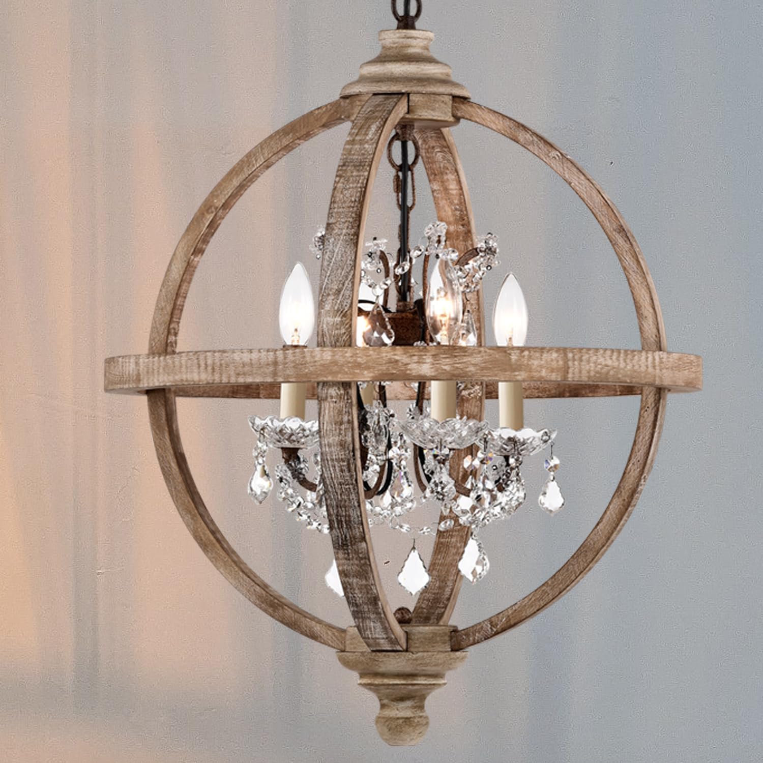 Cawabien Candelabro de metal y madera con 4 luces, estilo rústico con cristales transparentes, lámpara de techo de madera vintage para cocina,