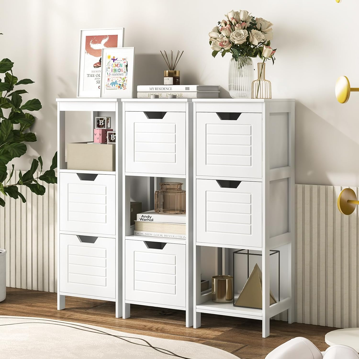 GLACER Armario de suelo de baño, armario de almacenamiento lateral de madera con dos cajones extraíbles para almacenamiento flexible, adecuado para