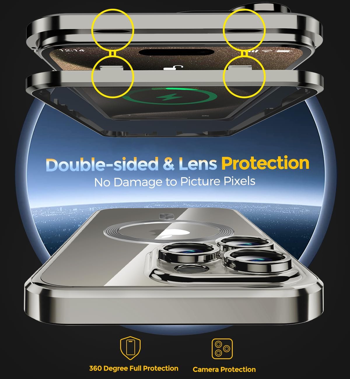 Bucle de CD + bloqueo de seguridad Funda magnética para iPhone 15 Pro Max, pantalla de privacidad con lente de cámara parachoques de metal