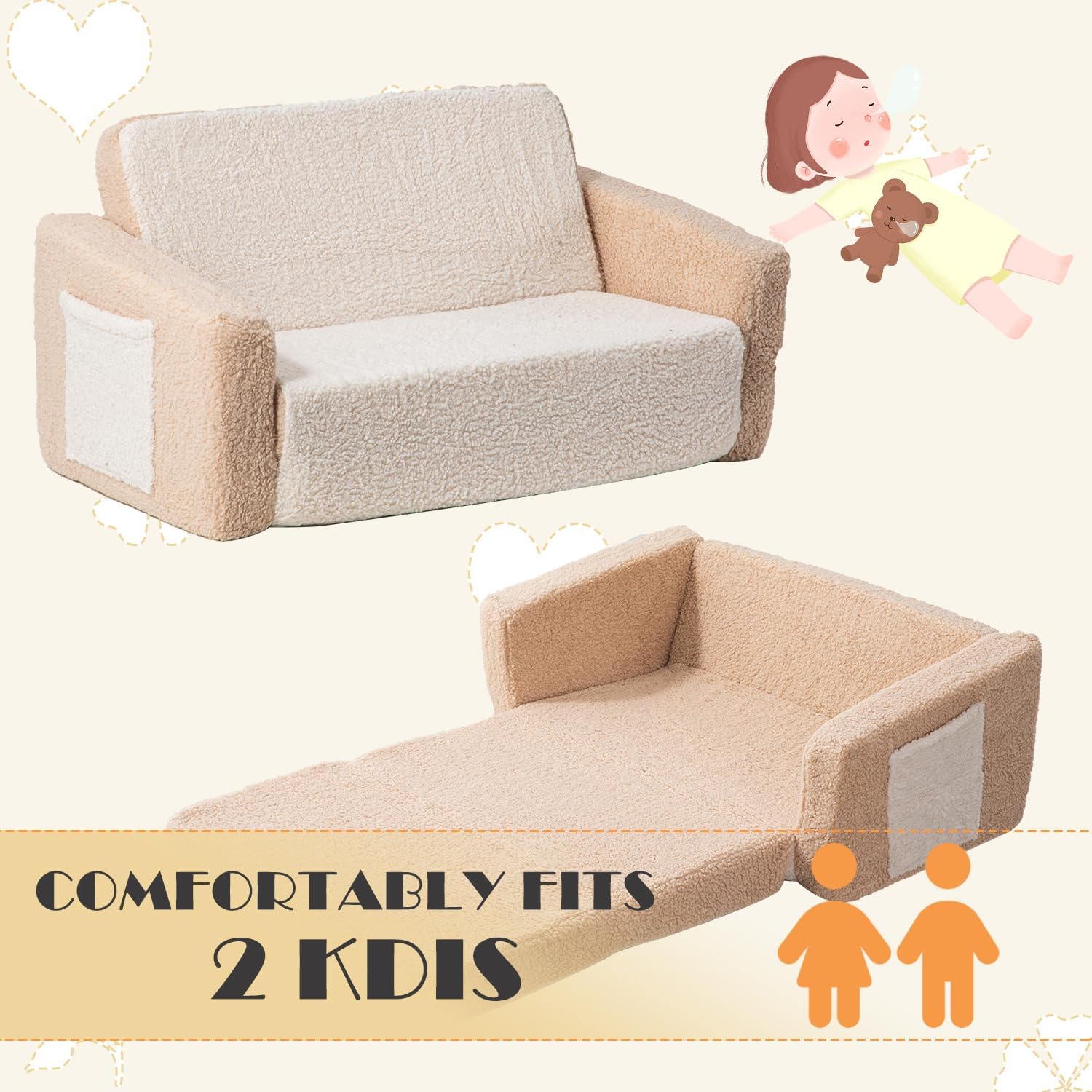 SUFUS Sofá para bebés y niños pequeños, extra ancho 2 en 1, sofá plegable de sherpa para sala de juegos, sofá convertible para niños y niñas con