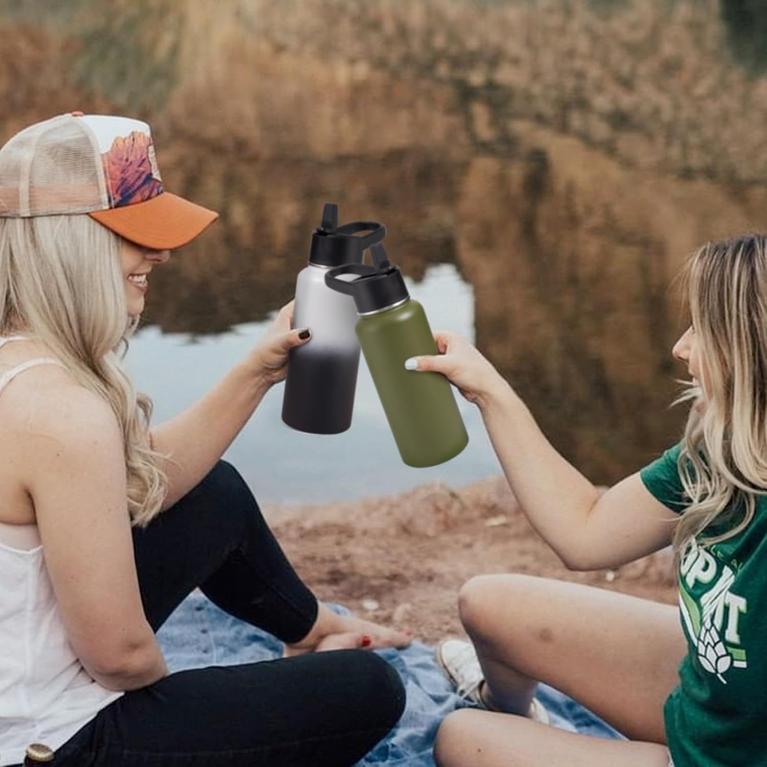 Botella de agua de acero inoxidable con popote y tapa de boca ancha, mango giratorio ancho, botella de agua aislada al vacío de doble pared de 32
