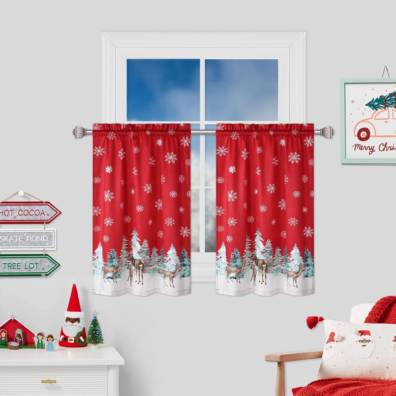 Cortina de cocina de Navidad de 24 pulgadas, con bolsillo para cortinero, 2 paneles para baño, sala de estar, decoración de Navidad