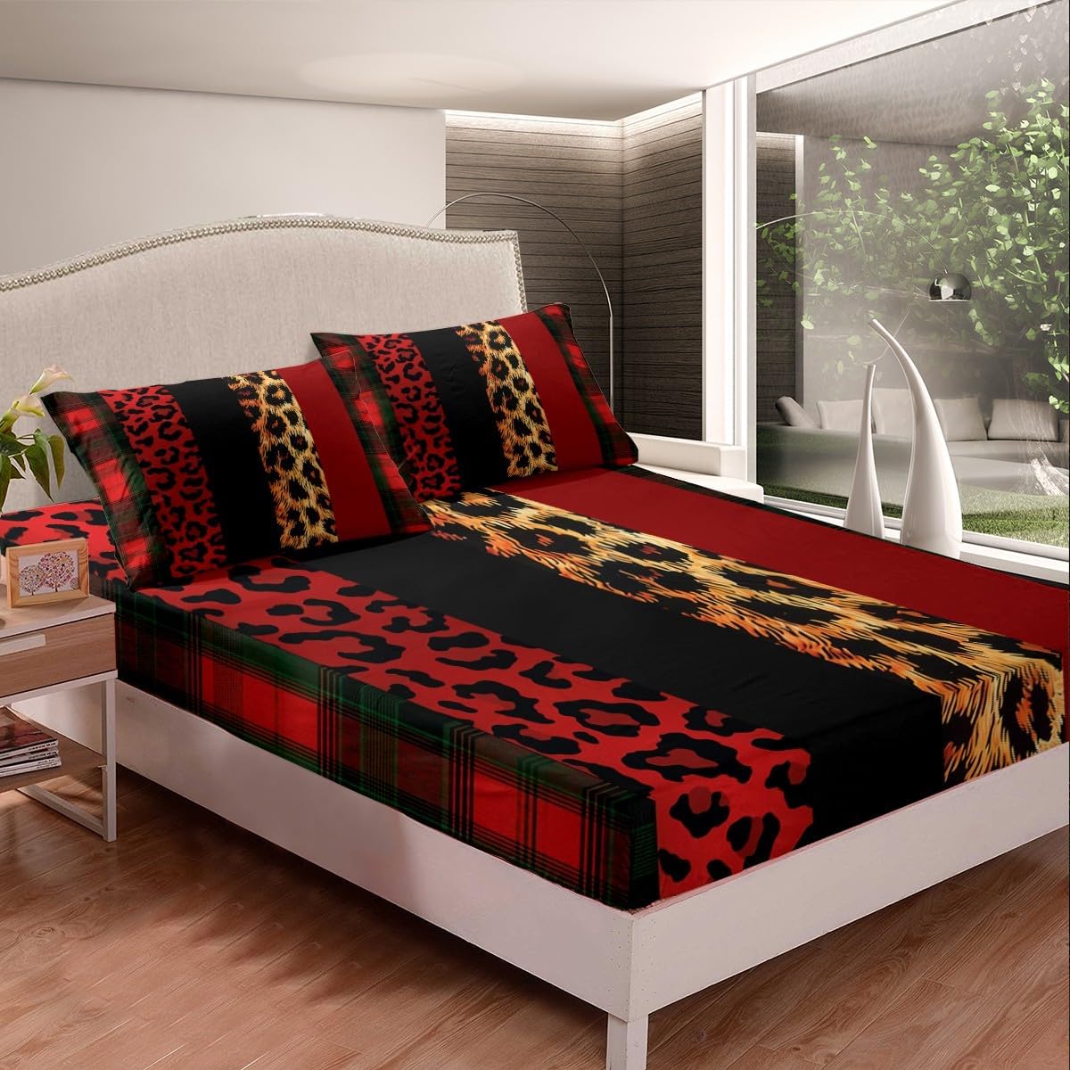 Manfei Sábana bajera ajustable con estampado de leopardo, tamaño individual, juego de ropa de cama a cuadros rojos y negros, 2 piezas para
