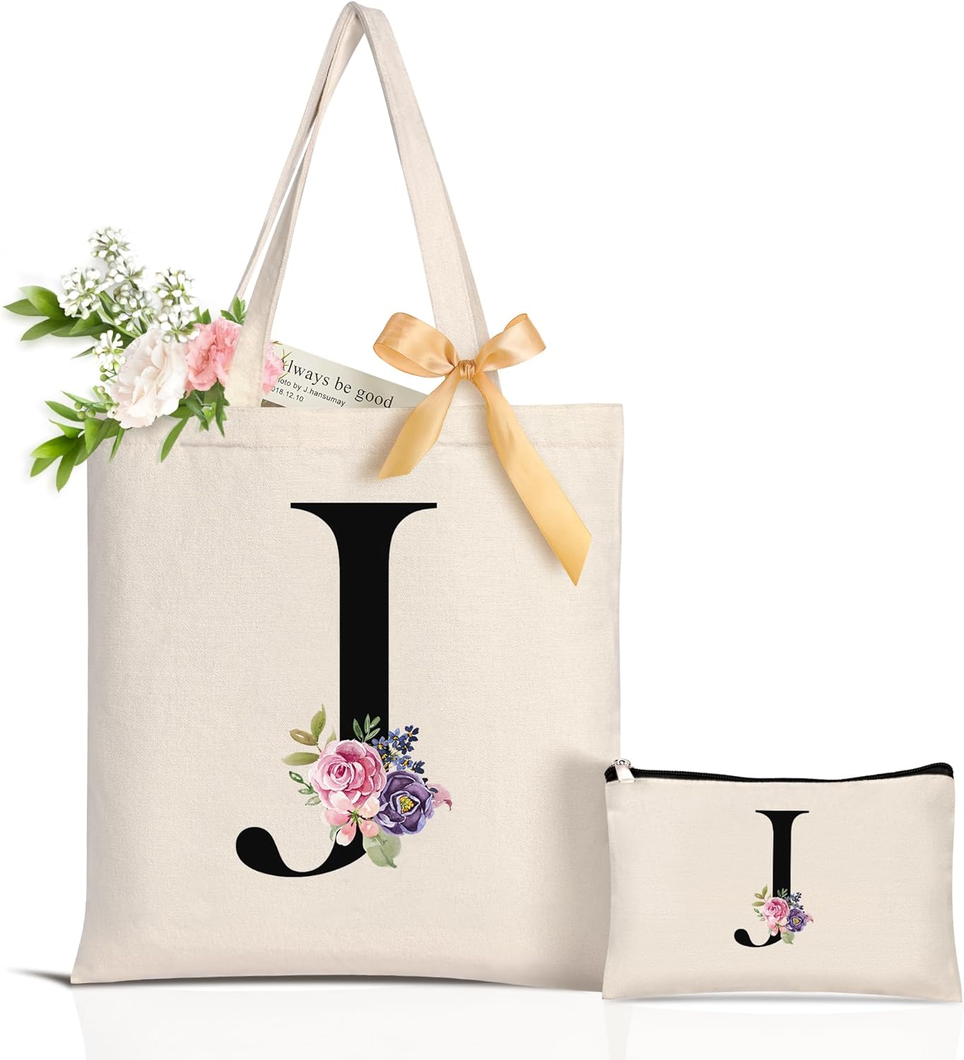AUNOOL Bolsa de mano con monograma para dama de honor, boda, bolsa de maquillaje de lona inicial con cremallera, regalos de cumpleaños