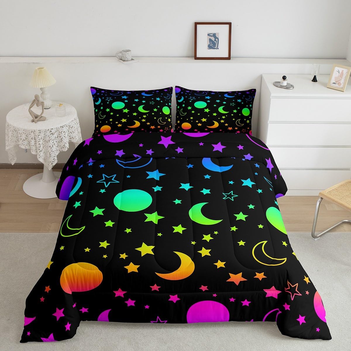Erosebridal Juego de edredón para niñas, tamaño King, galaxia, estrellas, arcoíris, espacio, con relleno de edredón negro, morado, rosa, verde