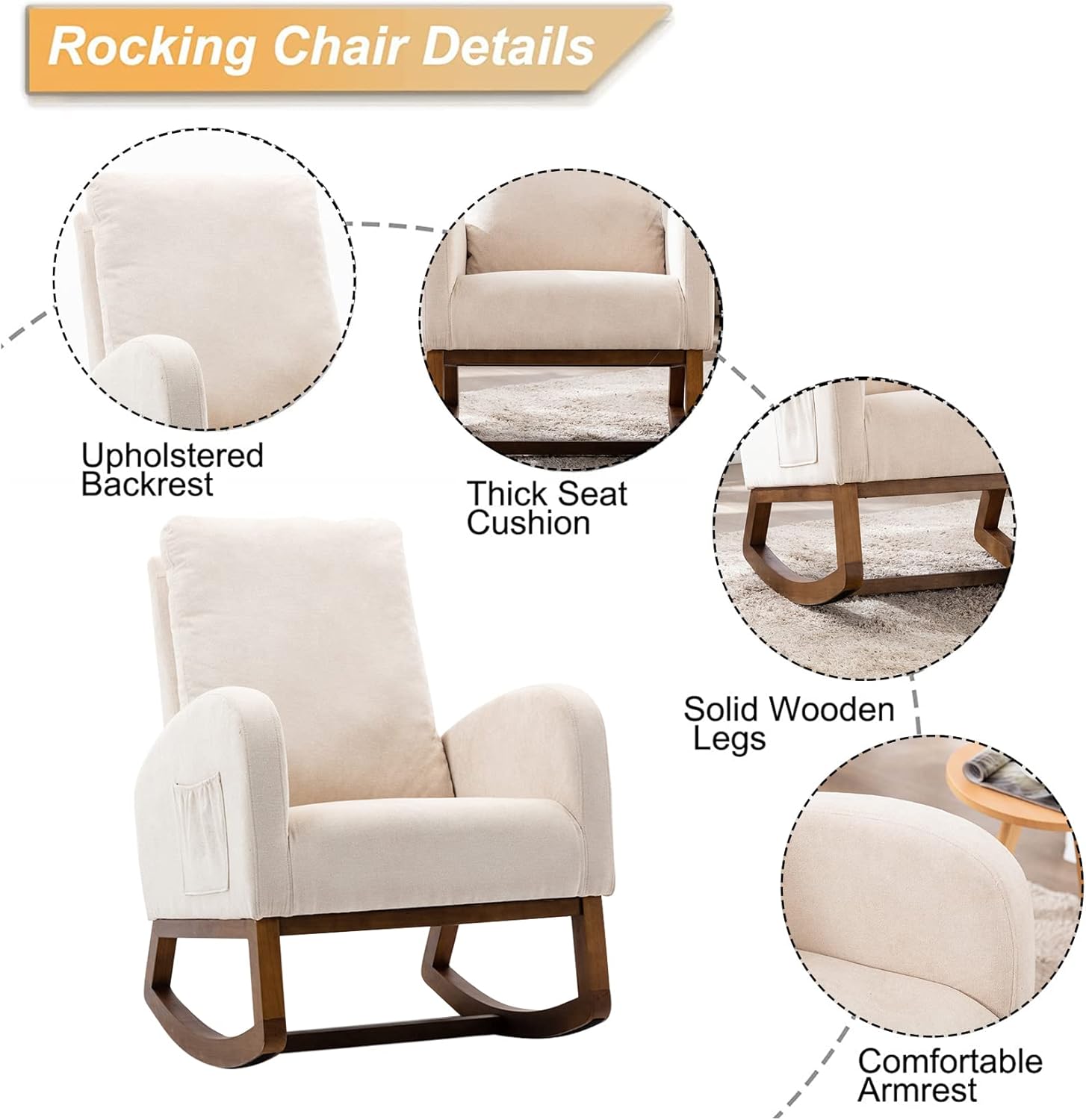 SSLine Mecedora tapizada, moderna y cómoda, de tela, para sala de estar, dormitorio, sala de estudio, silla mecedora de oficina (beige)