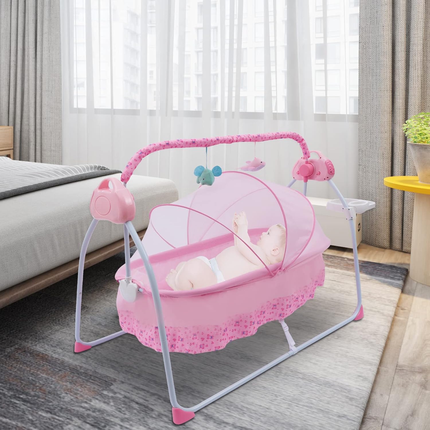 TFCFL Cuna eléctrica para bebé, de 0 a 18 meses, columpio automático con control remoto y música, capacidad de 55.1 lbs55 libras, cuna plegable,